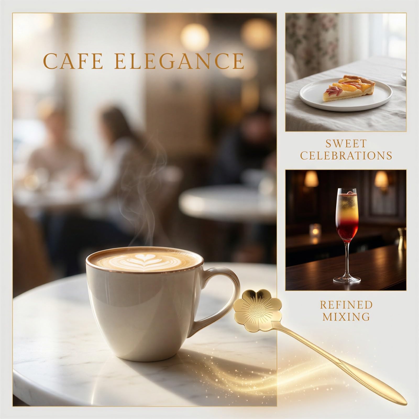 Lot de 80 cuillères à thé dorées de 17,5 cm, cuillères à café en acier inoxydable à long manche, motifs fleur et cœur, pour mélanger, dessert, café, restaurant, fête, 4 formes