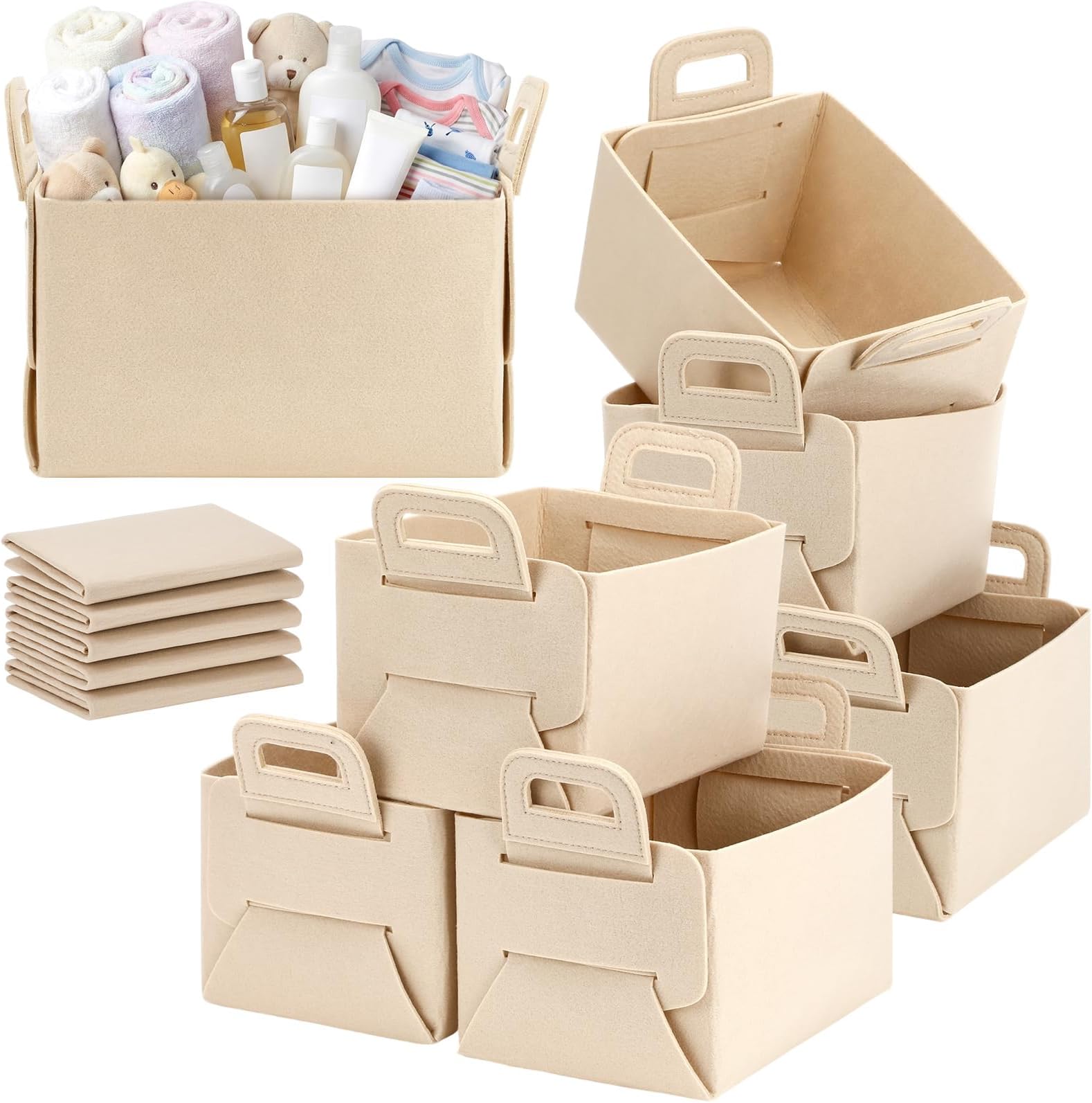 - 12 Pcs Storage Baskets Felt Storage Bin Beige Felt Collapsible Convenient Box Organizer with Carry Handles for Office Bedroom Closet Babies Nursery Toys Laundry (9.8×7.1×5.9in)