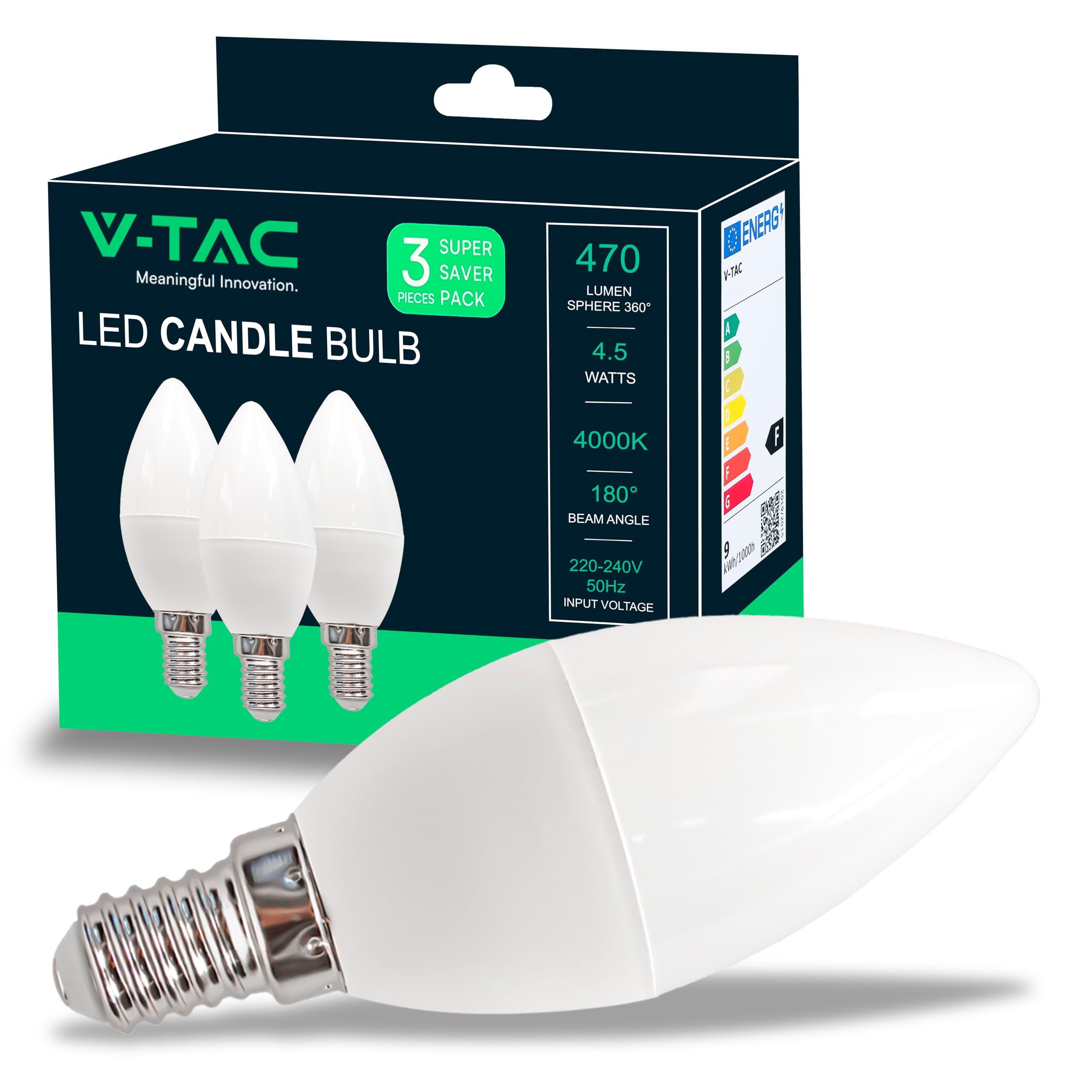 V-TAC 3x Lampadine LED Candela con Attacco E14-4,5W (Equivalenti a 40W) - Lampadine di Nuova Generazione - 470 Lumen - Massima Efficienza e Risparmio Energetico - 4000K Luce Bianca Naturale Luce Naturale