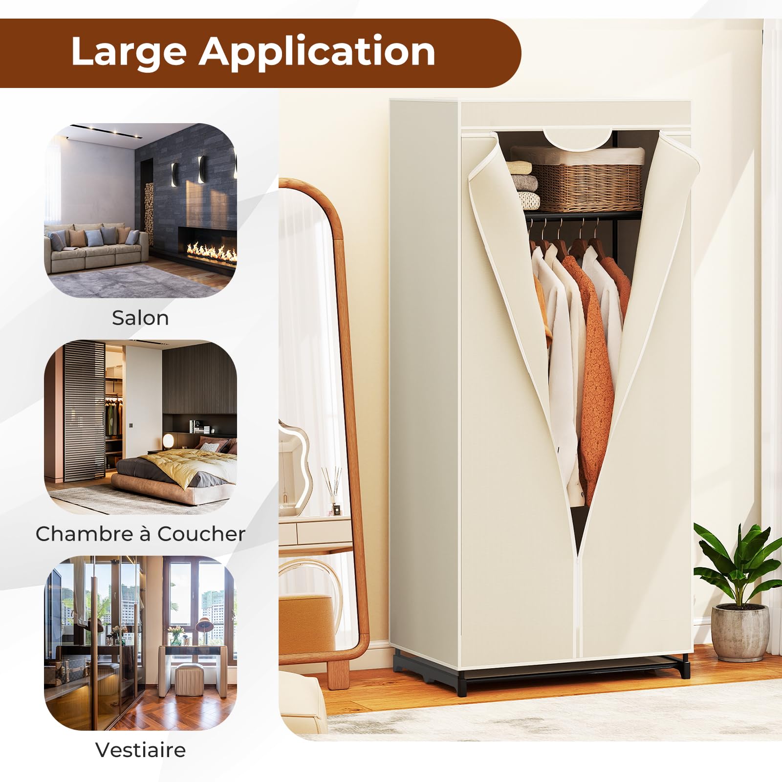 GOPLUS Armoire-penderie Multifonctionnelle, Armoire de Rangement avec Housse Amovible et Barres Transversales Renforcées, Étagères et Tige de Suspension Équipées, Charge Max 30KG (Modèle B,Beige)