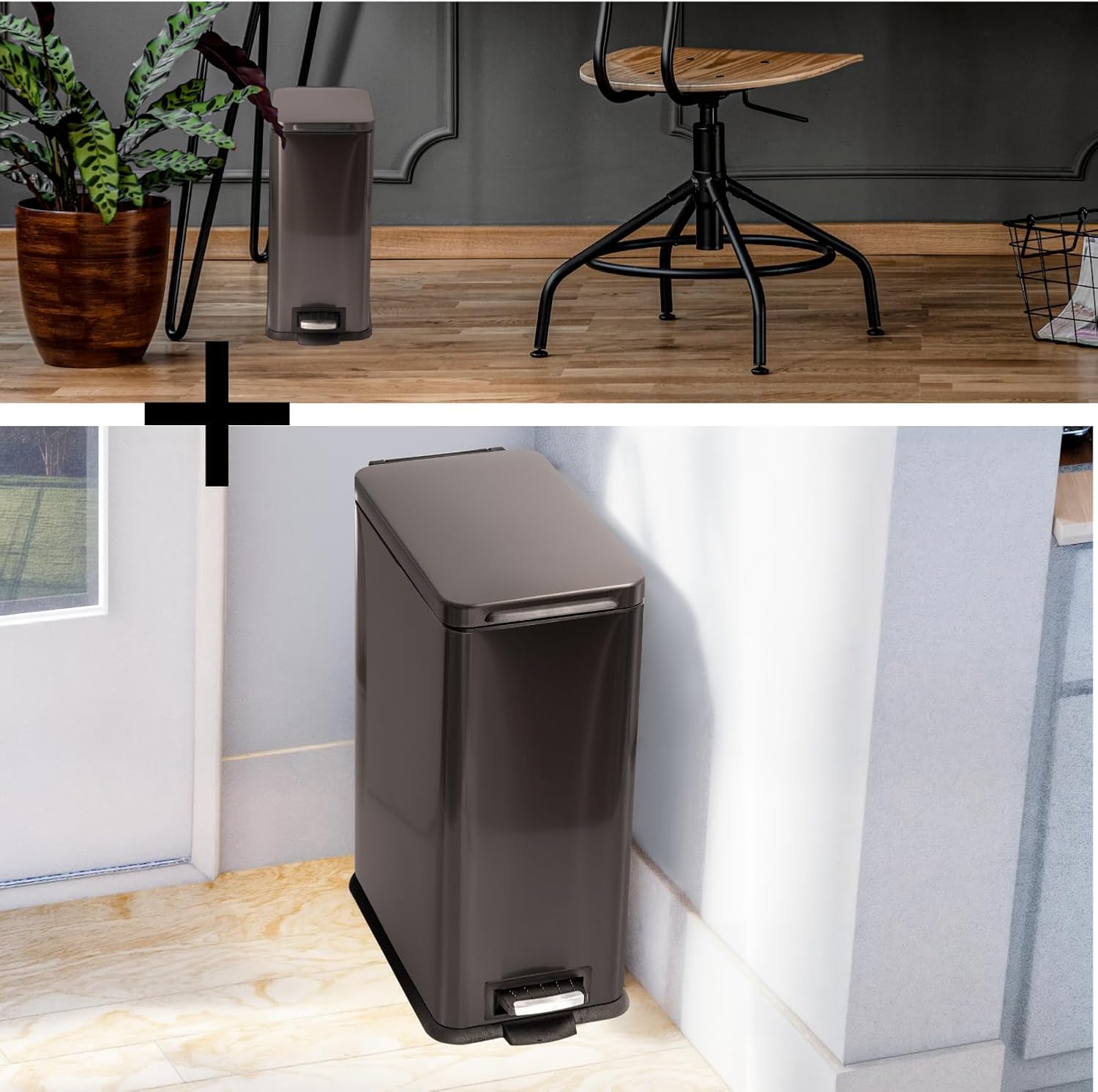 Home Zone Living 8 Gallon and 3 Gallon Slim Black Stainless Steel Trash Can Combo Set with Soft-Close Lid and Bag Tuck Design