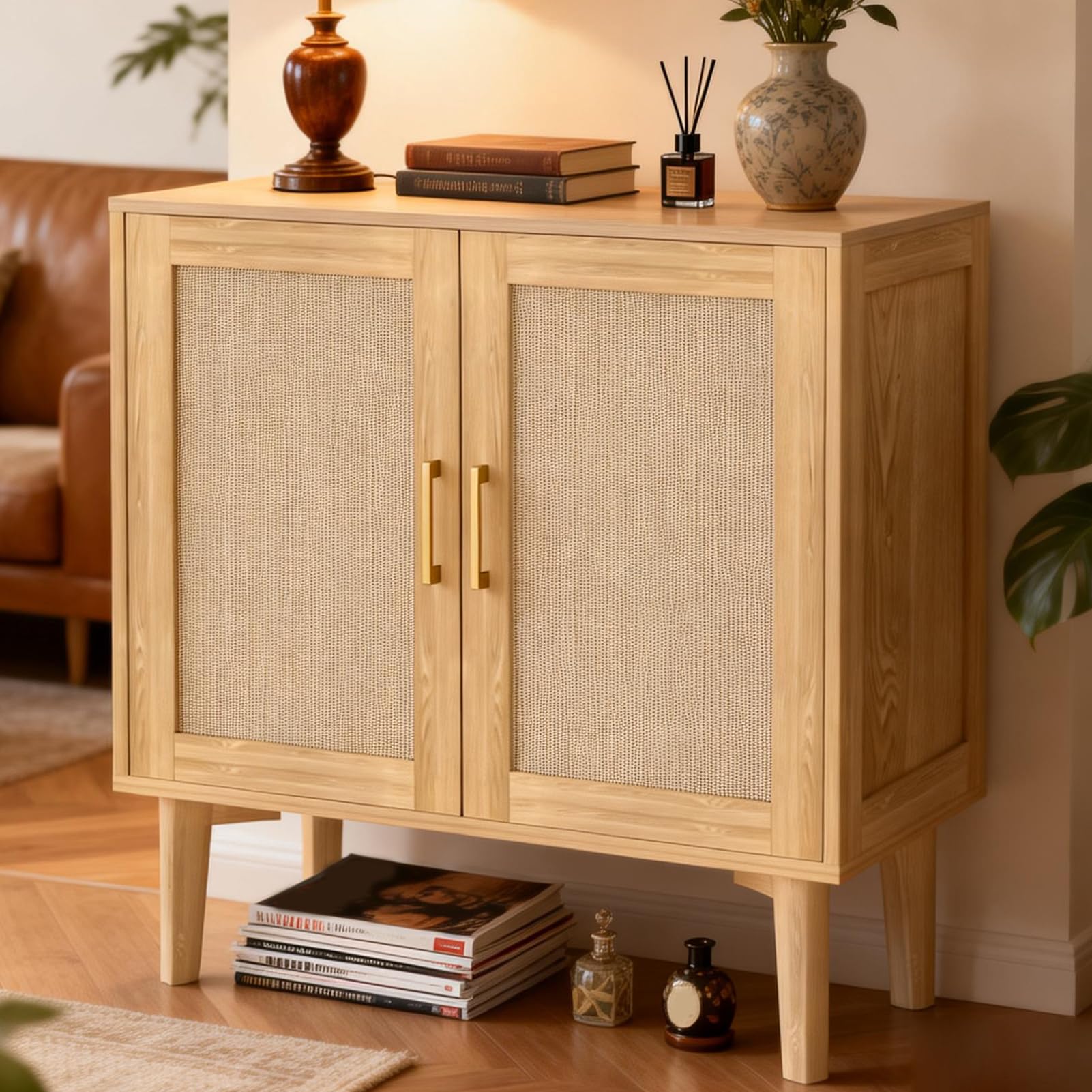 Dpofirs Buffet Cabinet avec Portes en Rotin Pieds en Bois Massif pour