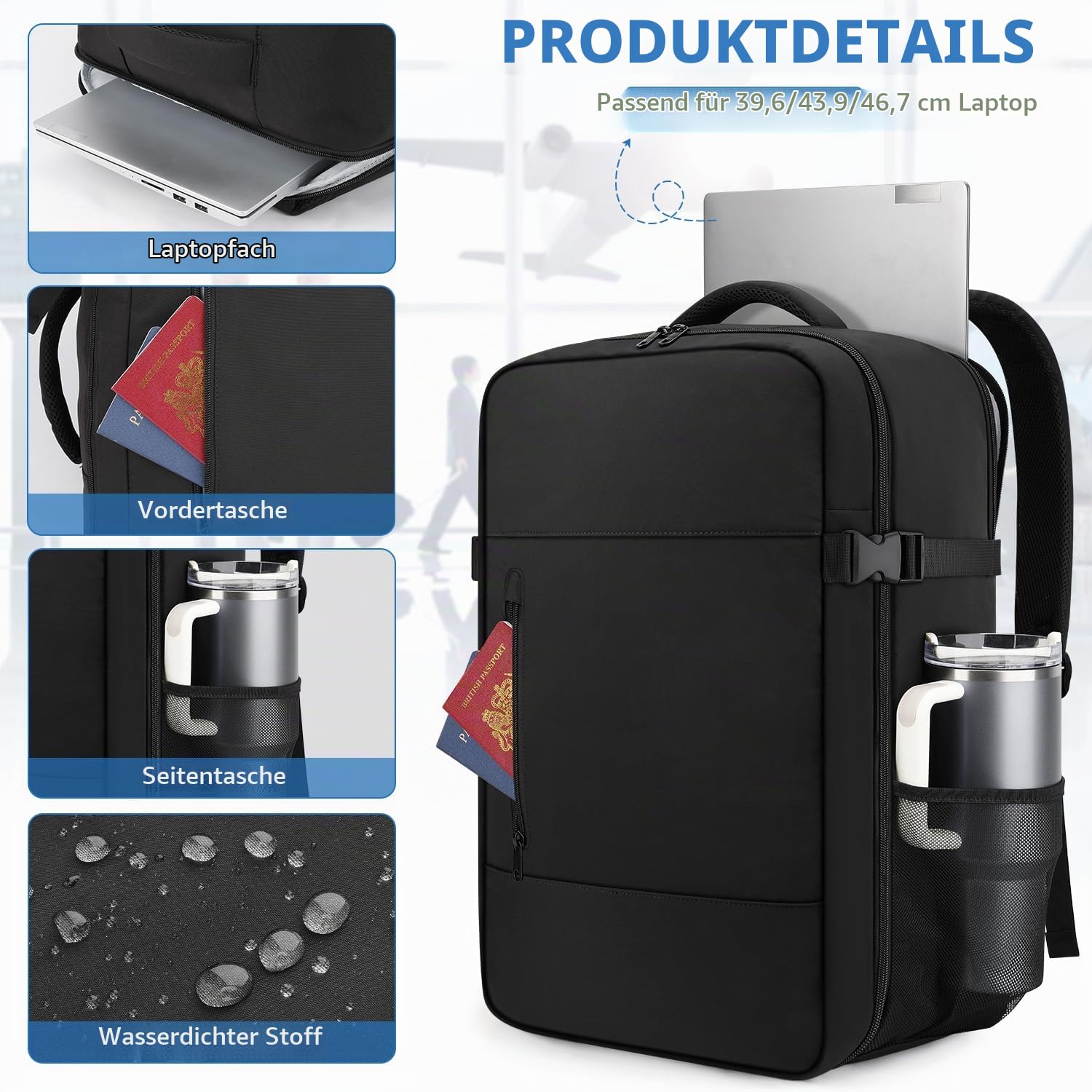 ZOMFELT Reiserucksack für Damen und Herren, 45 l Handgepäck-Rucksack, 56 x 36 x 23 cm, von Fluggesellschaften zugelassen, TSA, 15,6-Zoll-Laptop-Rucksack, persönliches Gepäckstück, Reisetasche