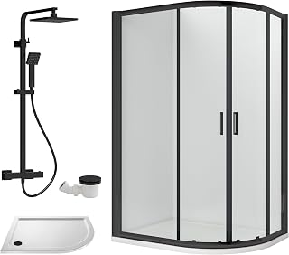 Offset Quadrant Shower Enclosure, Offset Quadrant Tray, Waste & Thermostatic Shower Kit, 6mm Toughened Safety Glass Door, Bar Handle Sliding Glass Door, Square Showerhead & Handset (Black)