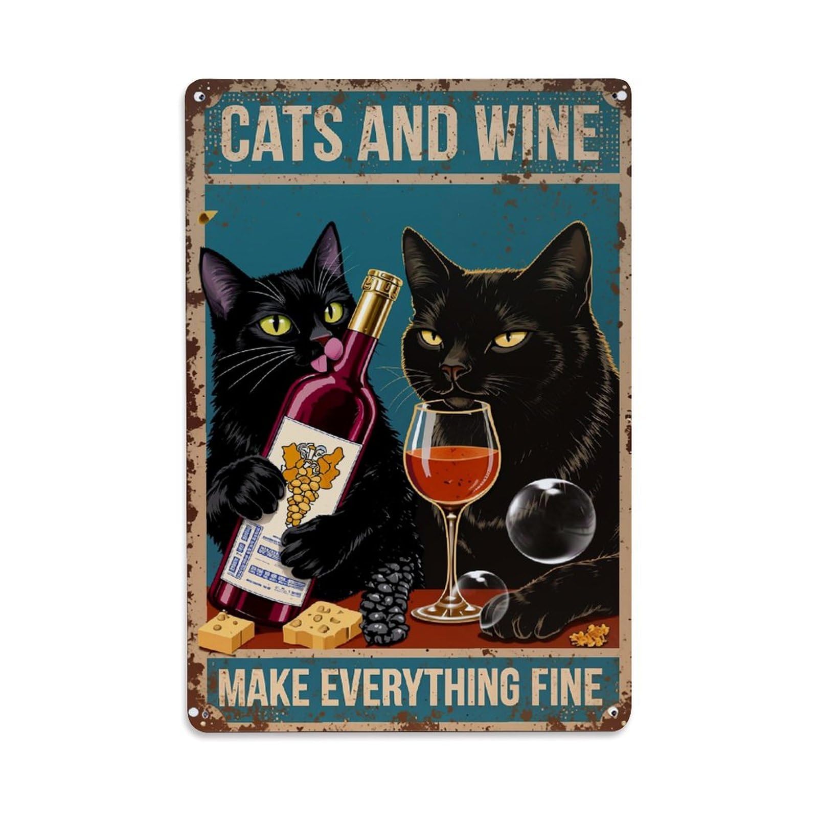 Cats And Wine Poster Retro Metal Tin Sign, Vintage Metal Poster for home, Gaming Room, Studio Workshop,Bar,Garage Wall Art Decor 8x12 Inch