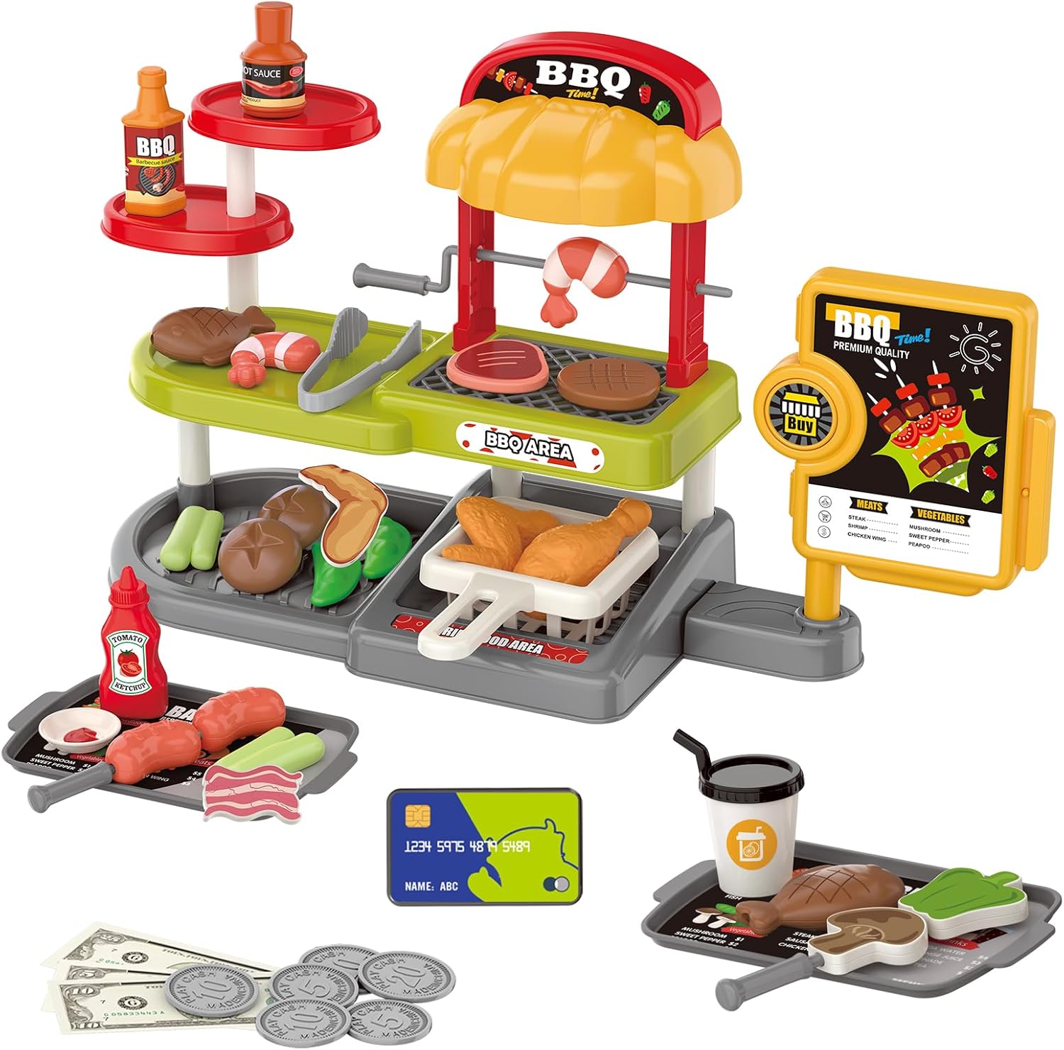 Kids BBQ Grill Play Set: Coffee, Card Reader, Cash Register, Play Food (Grilled Fish, Wings, Kebabs, Sausages), Play Money - Educational Toy Kitchen Ages 3+