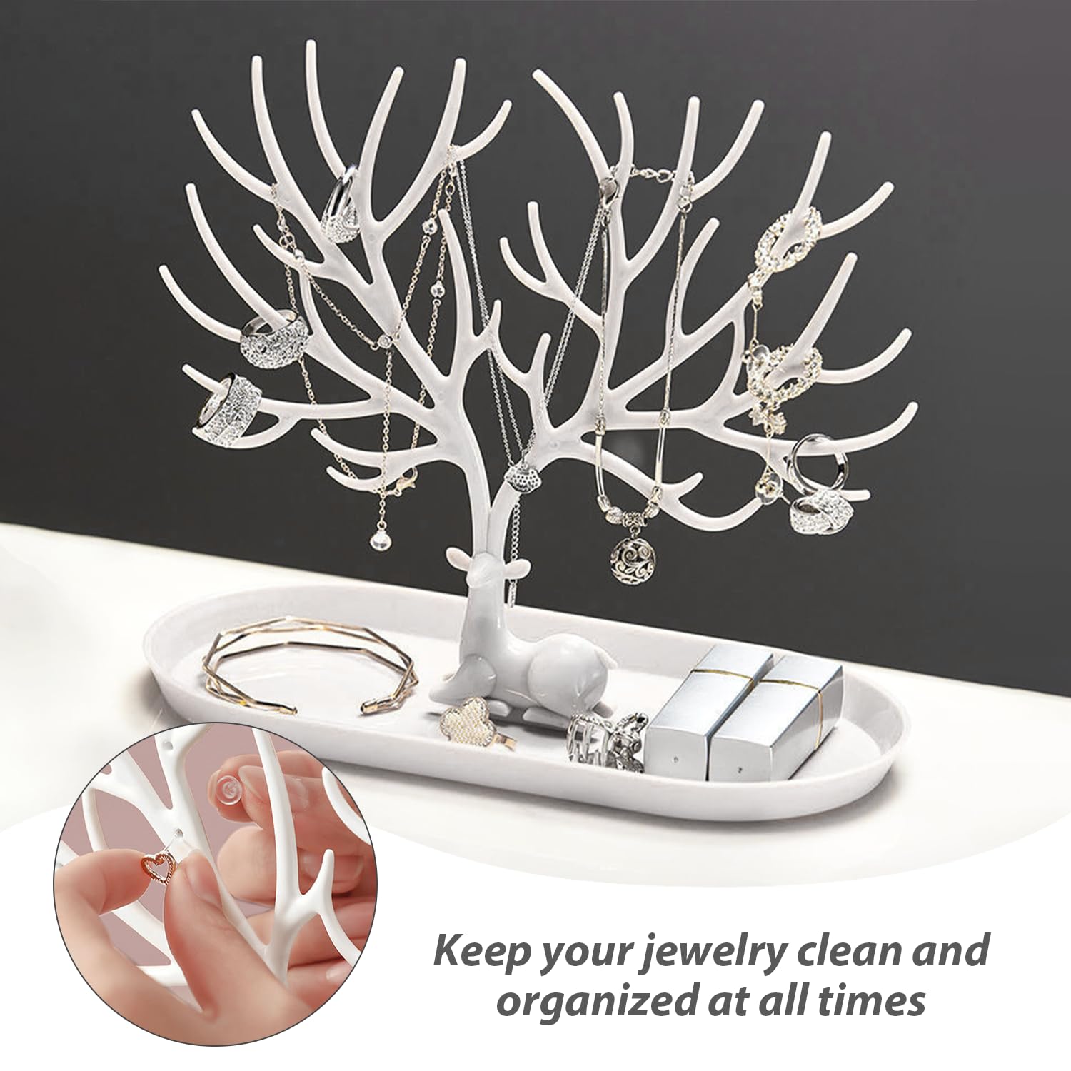 Présentoir à Bijoux 2 Pièces En Forme De Cerf - Support Boucles D'Oreilles Et Plateau Latéral Blanc