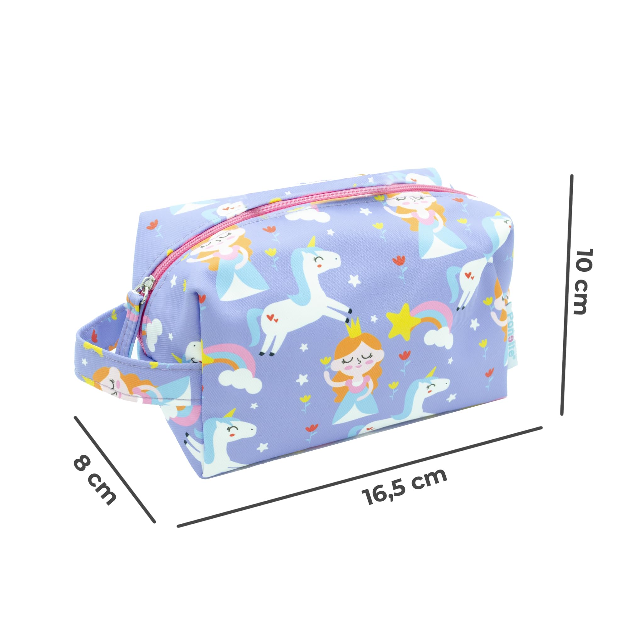 PONETTE - Neceser Infantil en Tejido Violeta con Estampado de Princesas, Unicornios, Arcoíris, Estrellas y Flores, Niño, Niña, Viaje, Estuche, Bolsa, Piscina, Colegio, Campamento, Marca Española — view 3