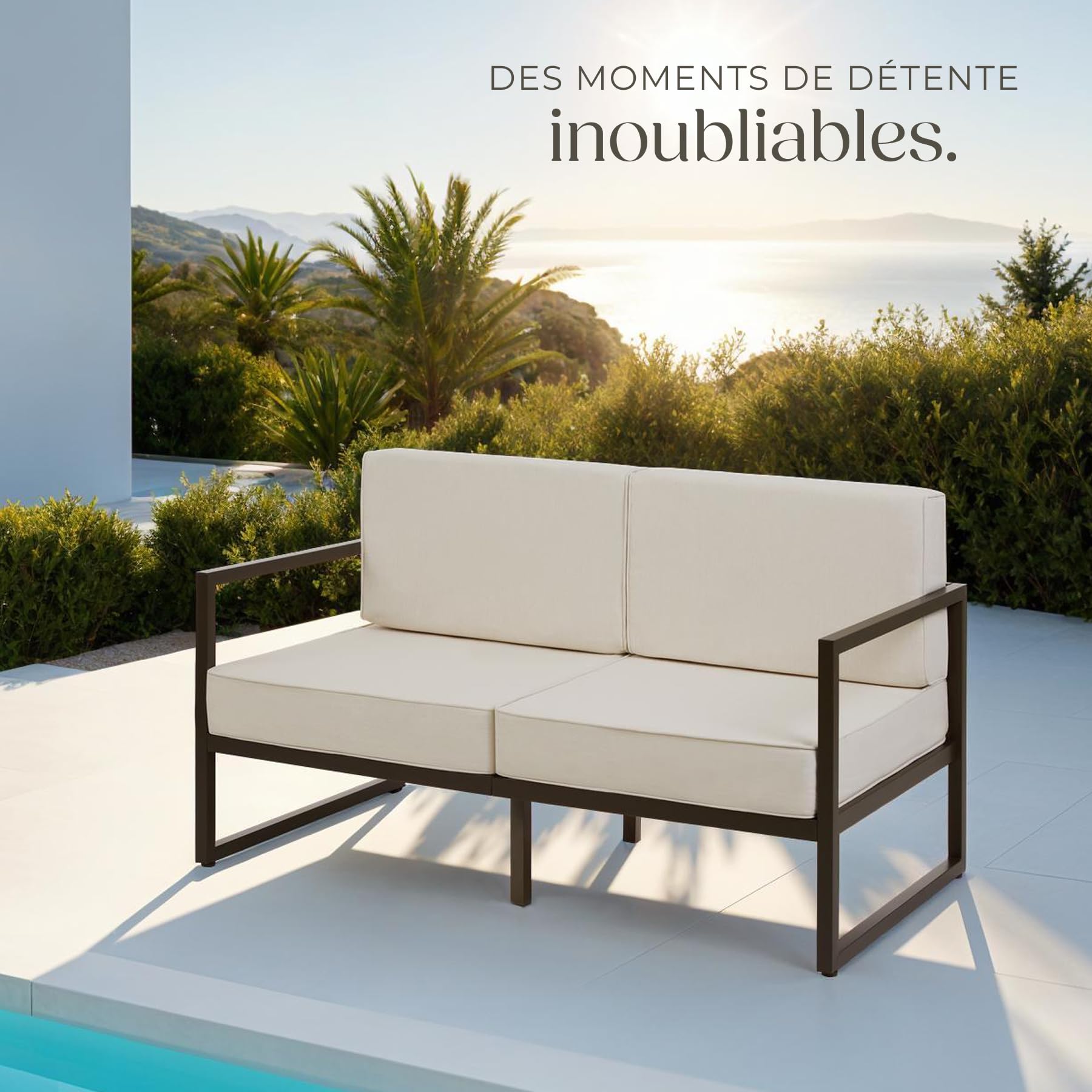 tectake® Salon de Jardin Exterieur Canapé 2 Places Banquette de Jardin Coussins épais Inclus Cadre en Acier laqué époxy Mobilier Canape Exterieur Amenagement Balcon Terrasse Veranda Maison
