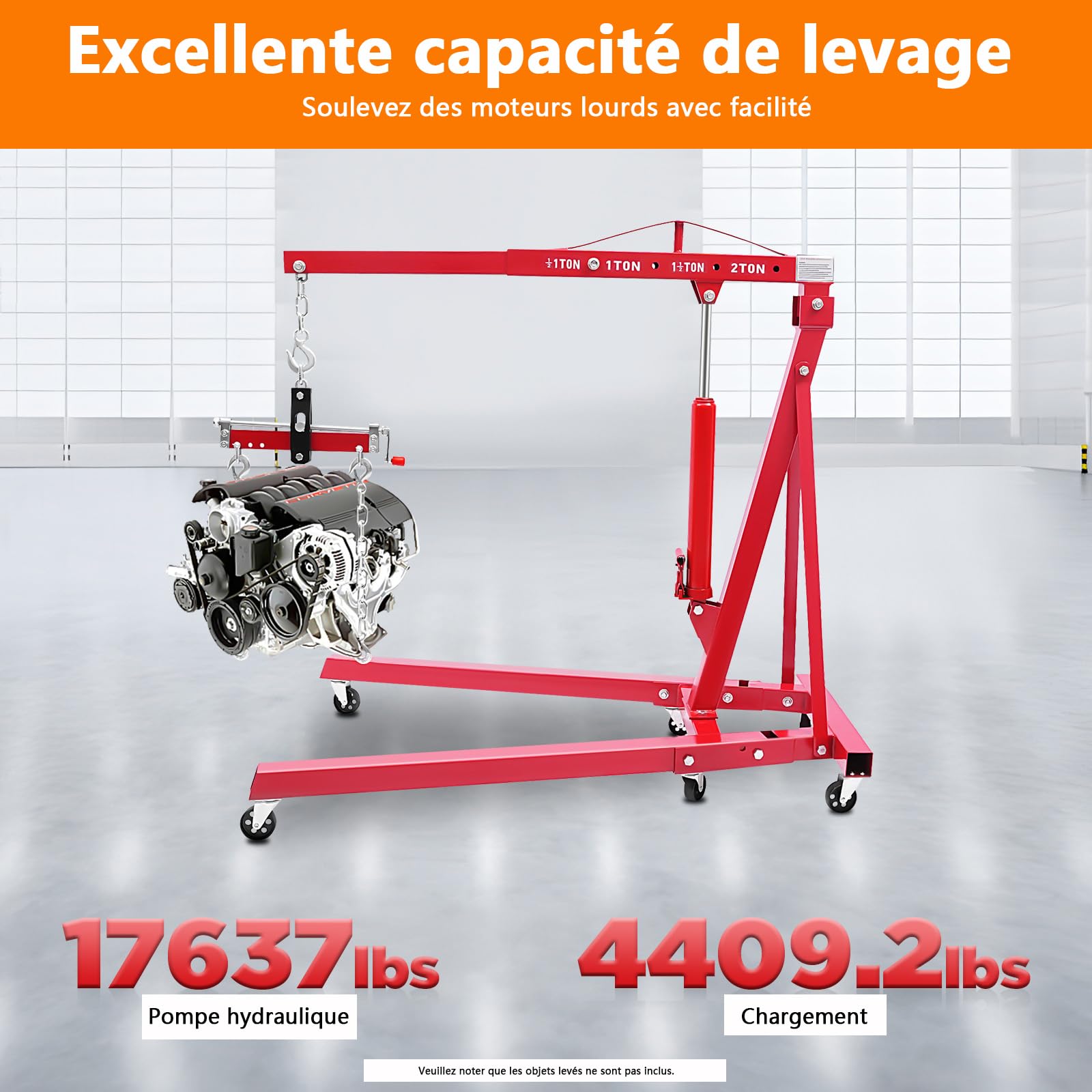 Grue d'atelier pliable avec équilibreur de moteur, 2000 kg Grue de moteur et lève-moteur en acier au carbone, 4 positions réglables, Max. 148 cm de distance du crochet au sol (lot de 2)