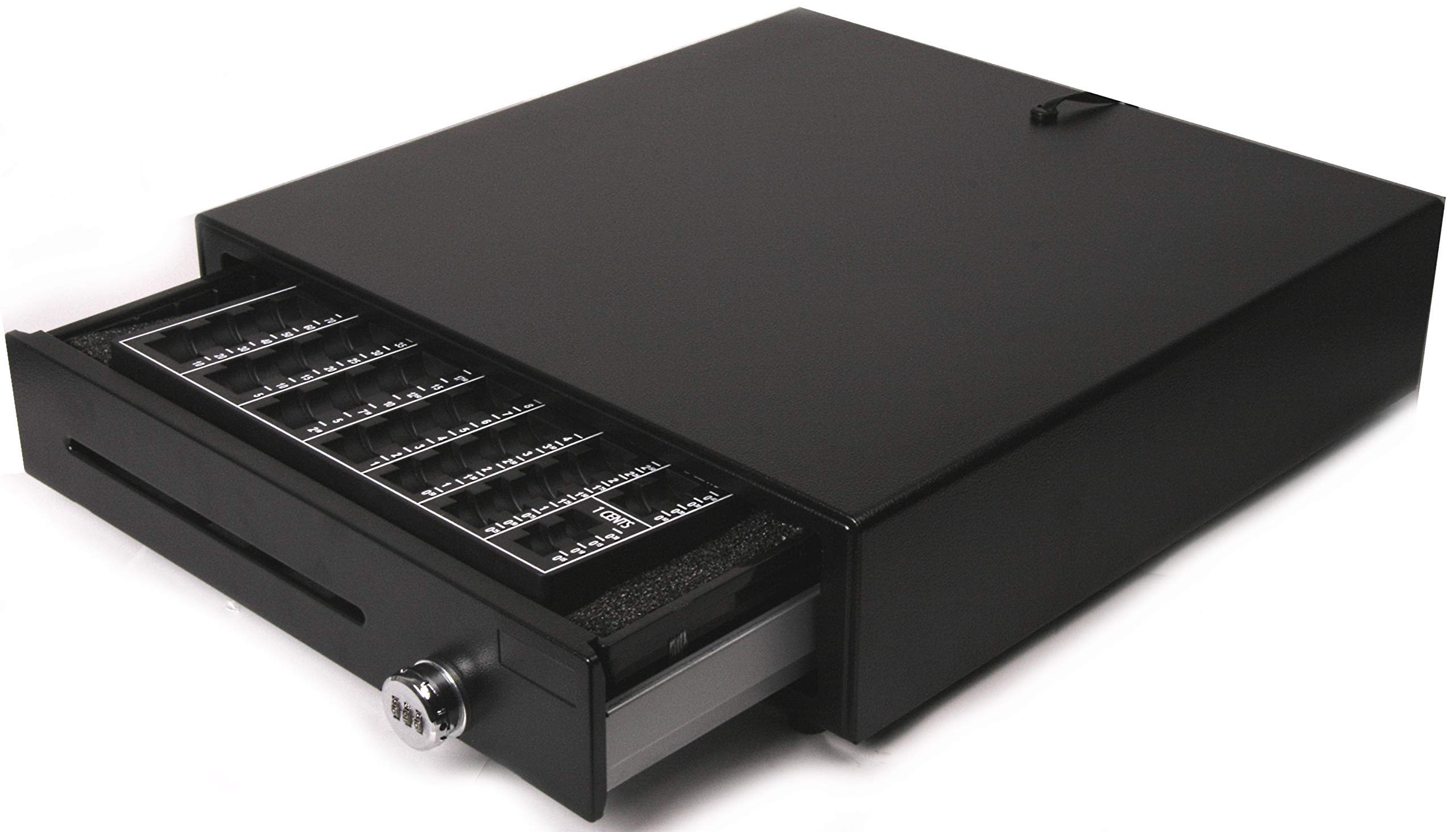 Kassenlade mit Münzbrett und ZAHLENSCHLOSS iQCash410MB RJ11 41x41x10cm Geldkassette Kassenschublade Geldlade Zählbrett Schwarz Metall Elektronisches Kombinationsschloss Tragbar