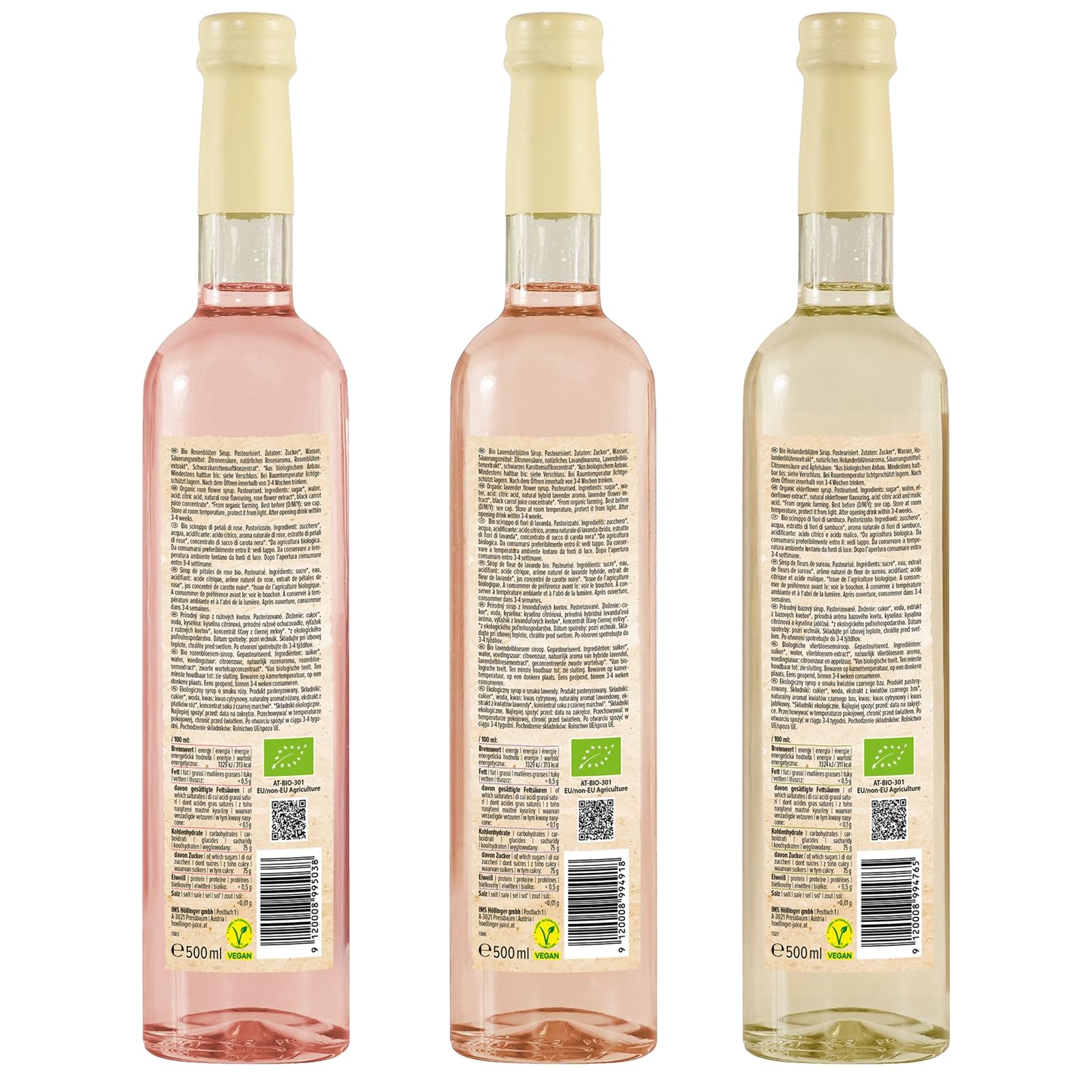 Höllinger Bio Blütensirup Set, Lavendelblüte, Rosenblüte, Holunderblüte, Vegan, 3 x 500ml, Getränkesirup ohne Konservierungsstoffe
