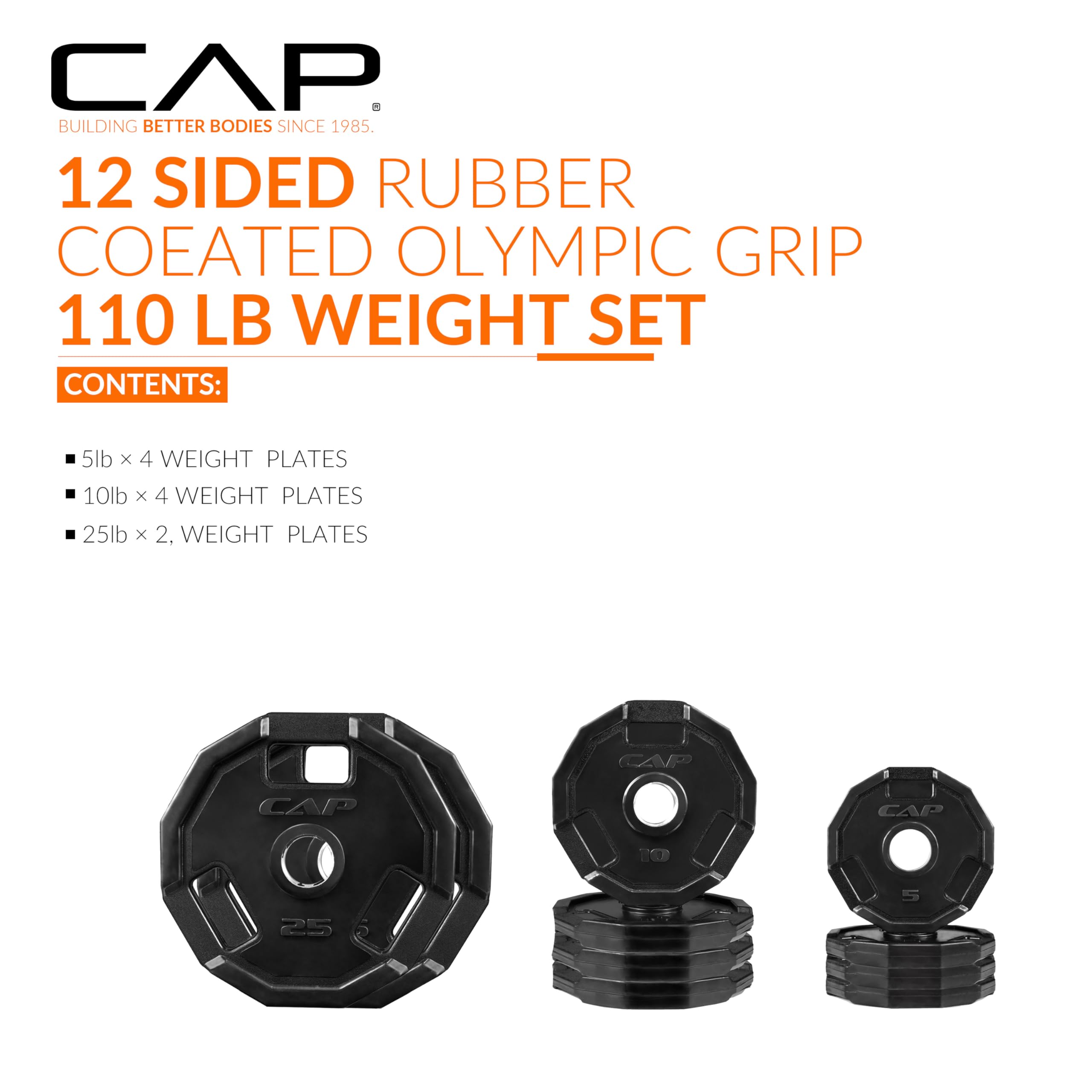 CAP Barbell Pro Olympic - Juego de pesas de hierro fundido con revestimiento de goma, 50 kg, 5 cm, 12 lados