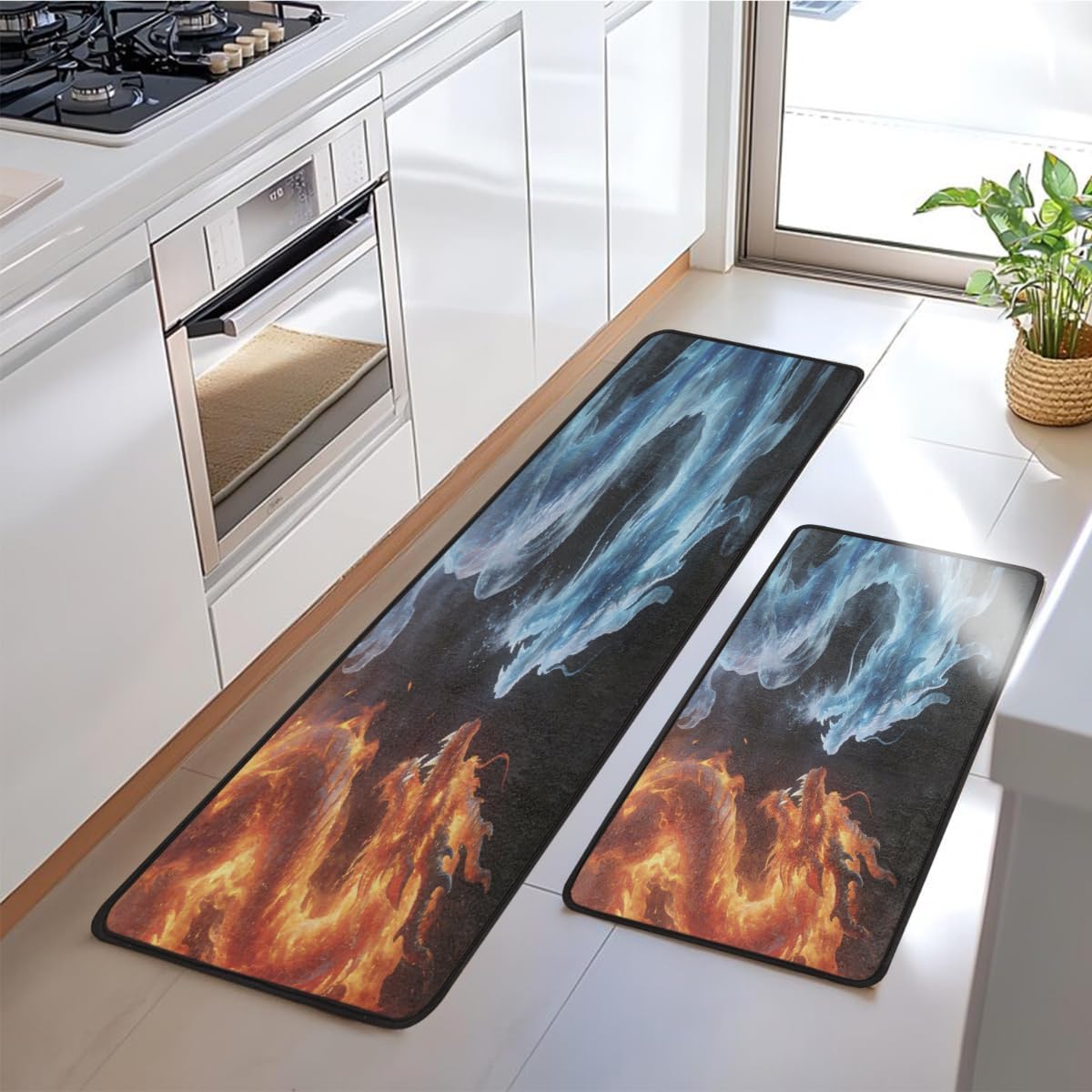 Anti Fatigue Ice Fire Dragons Kitchen Mats for Floor 2 Piece Set, Waterproof Non Slip Boho Kitchen Floor Rugs, Comfort Standing Mat for Sink Laundry & Home Kitchen 17"x47"+17"x29"