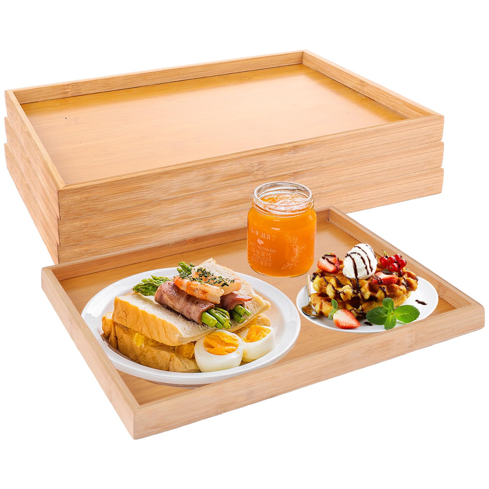 MIVIDE Lot de 4 Plateaux de Service Rectangulaires en Bois de Bambou 37 x 26 x 2.5 cm - Plateau Repas Bois, Plateau Service pour Petit Déjeuner, Thé, Table Basse, Boissons
