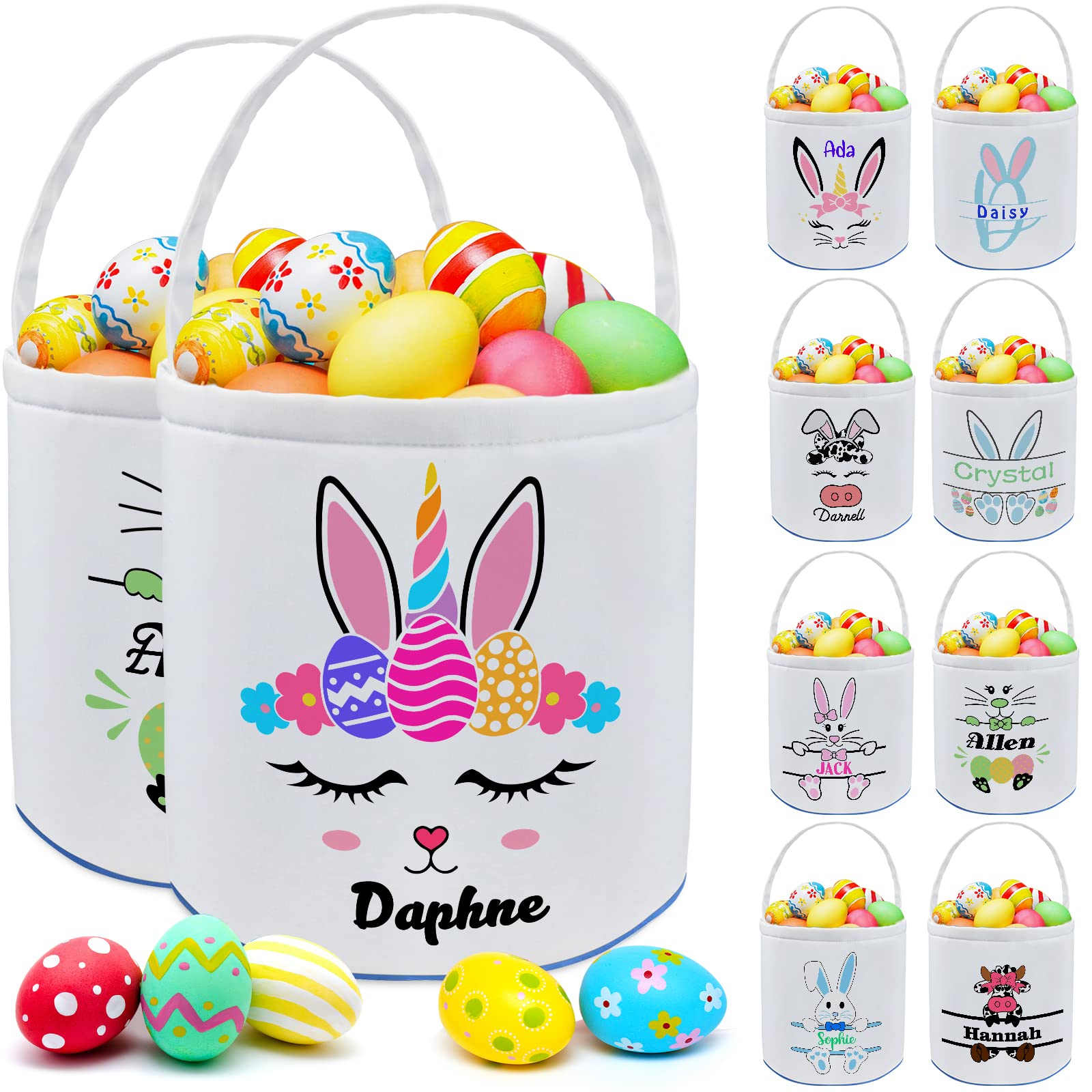 XJone Personalized Custom Easter Buny Baskets for Boys Girls with Name Customized Canvas Cotton Egg Tote Gift Bags