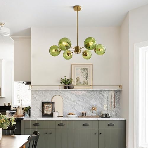Miniatura 7 de KCO Lámpara colgante de techo de cristal verde de 6 luces con forma de globo moderno semiempotrado, lámpara de techo vintage de latón dorado Sputnik