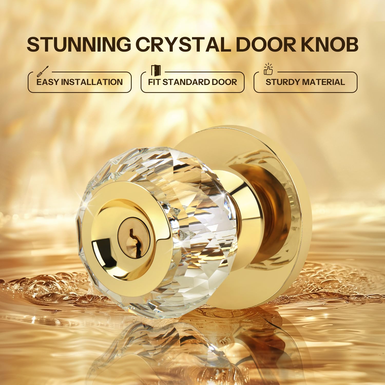Crystal Door Knobs with Lock - Elegant Gold Design -2