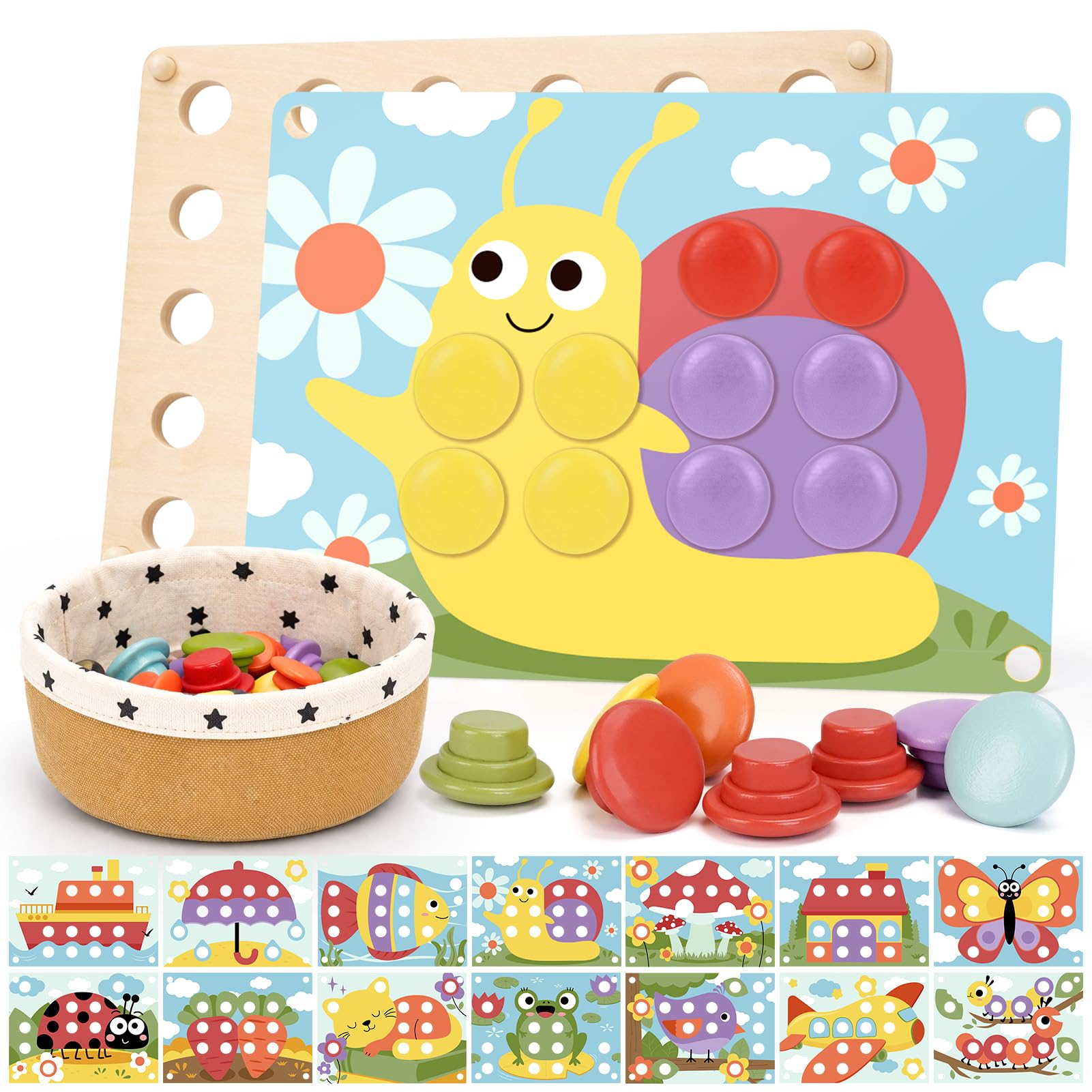 Joyreal Montessori Toys for 2 Year Old, Wooden Button Art Toys for 2 3 4 Year Old Girls Boy Birthday Gifts, Color Matching Puzzle Pegboard Button Game for Learning Educational Toys for Toddlers 2-4