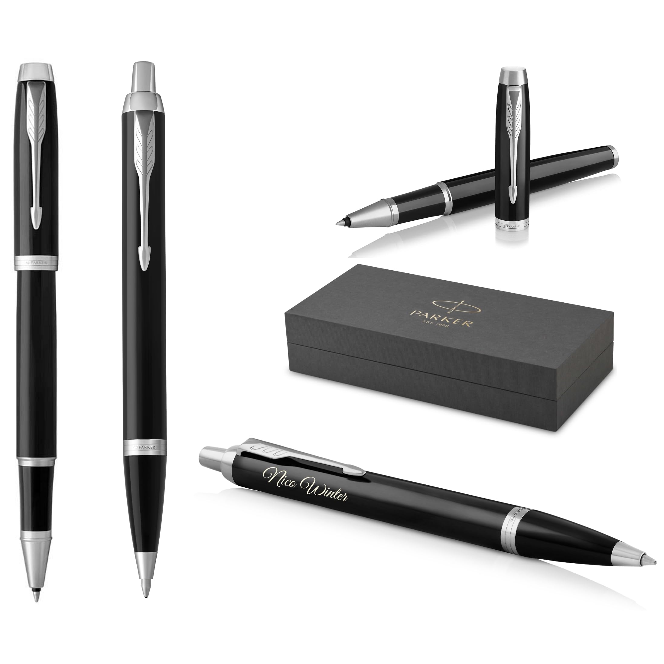 Parker IM Core Vulpen en balpen met gravure, premium stift, geschenkdoos, zwarte vulling, gepersonaliseerd cadeau, naam, gegraveerd, verjaardag (Black Lacquer C.C