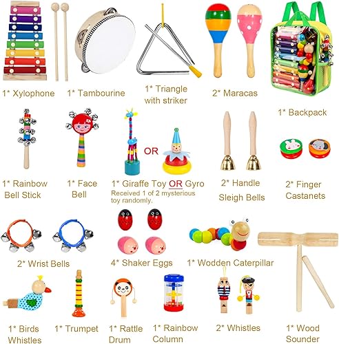 Miniatura 4 de Instrumentos musicales para niños 33 piezas 18 tipos instrumentos de percusión de madera juguetes de xilófono de pandereta para niños y niñas
