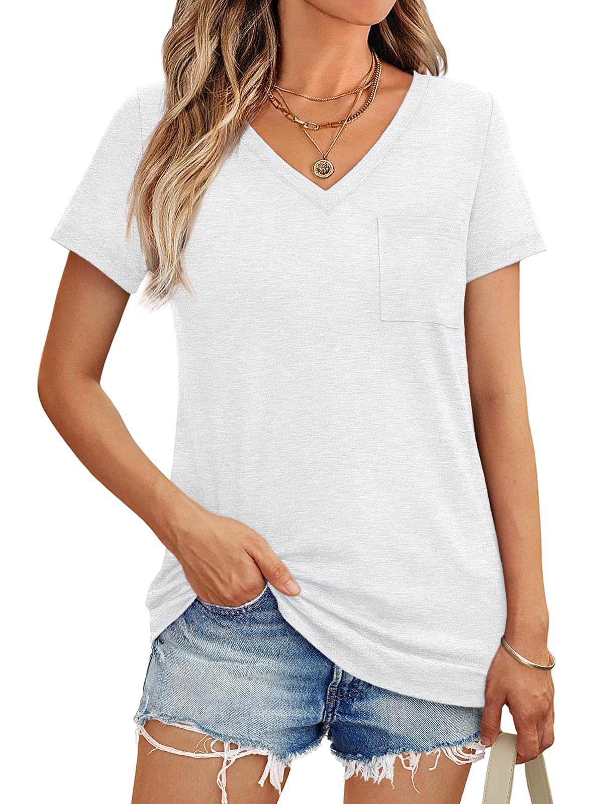Haslike Frauen Sommer Solide V-Ausschnitt T-Shirt Tops Lose Fit Kurzarm T-Shirt Top