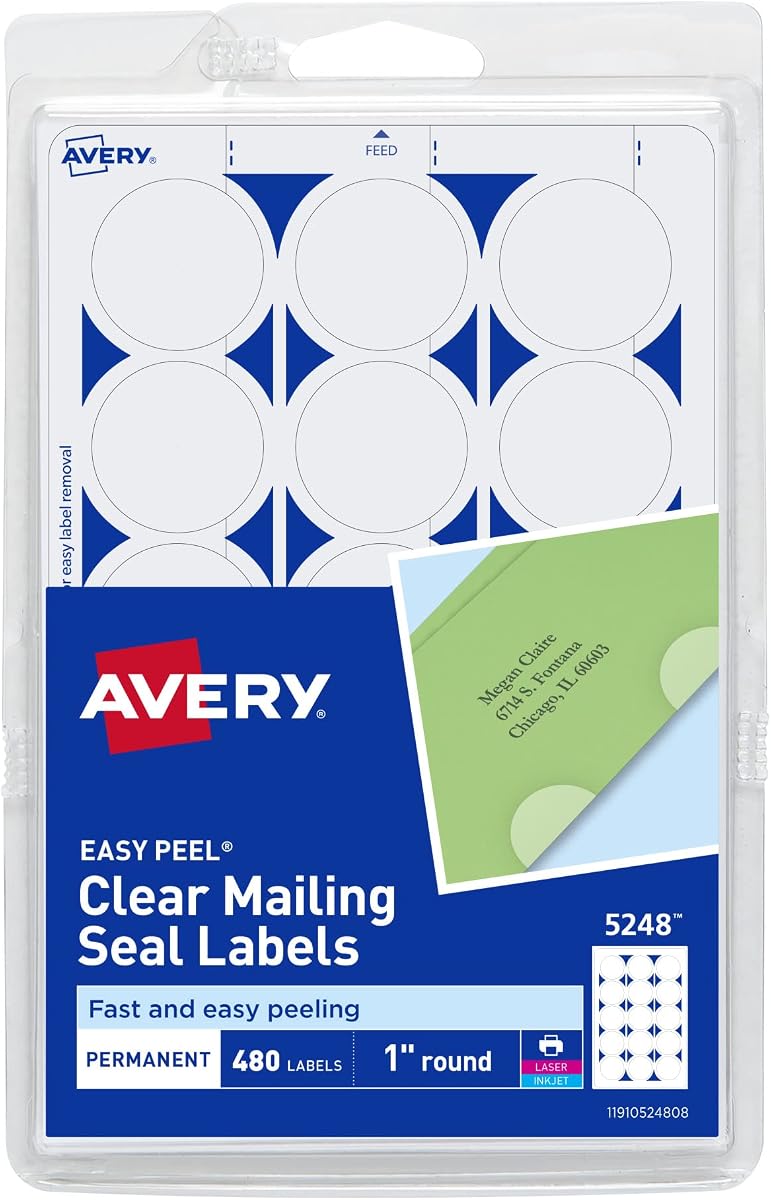 Avery® Mailing Seals, 1" Round Labels, Clear, 480 Printable Mailing Labels (05248)