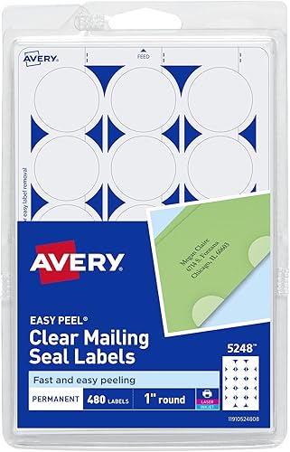 Avery Sellos para correo, etiquetas redondas de 1 pulgada, transparentes, 480 etiquetas de correo imprimibles (05248)