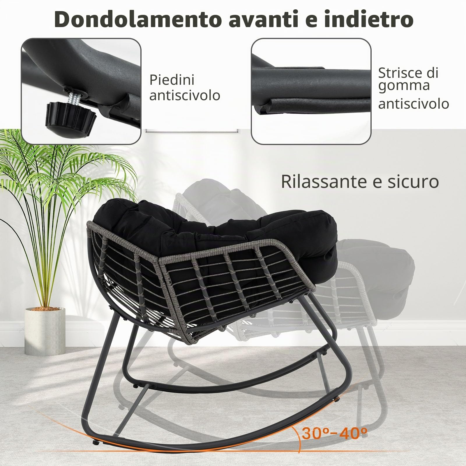 LIFEZEAL Sedia a dondolo da giardino, in rattan, per esterni, con cuscino imbottito, per balcone, veranda, soggiorno e terrazza (nero)