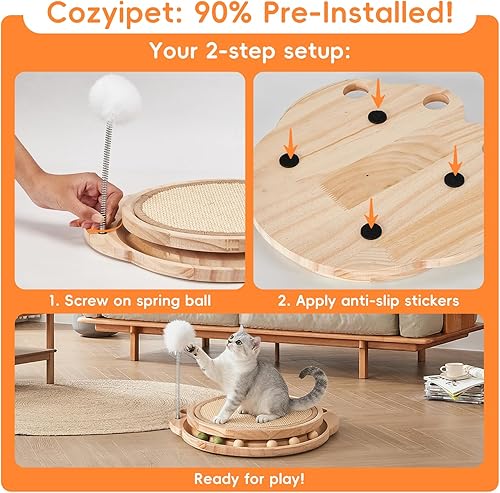 Miniatura 4 de Tabla rascadora para gatos con sisal natural, 3 en 1 interactiva con pista de bolas y bola de resorte para interiores y exteriores, almohadilla de