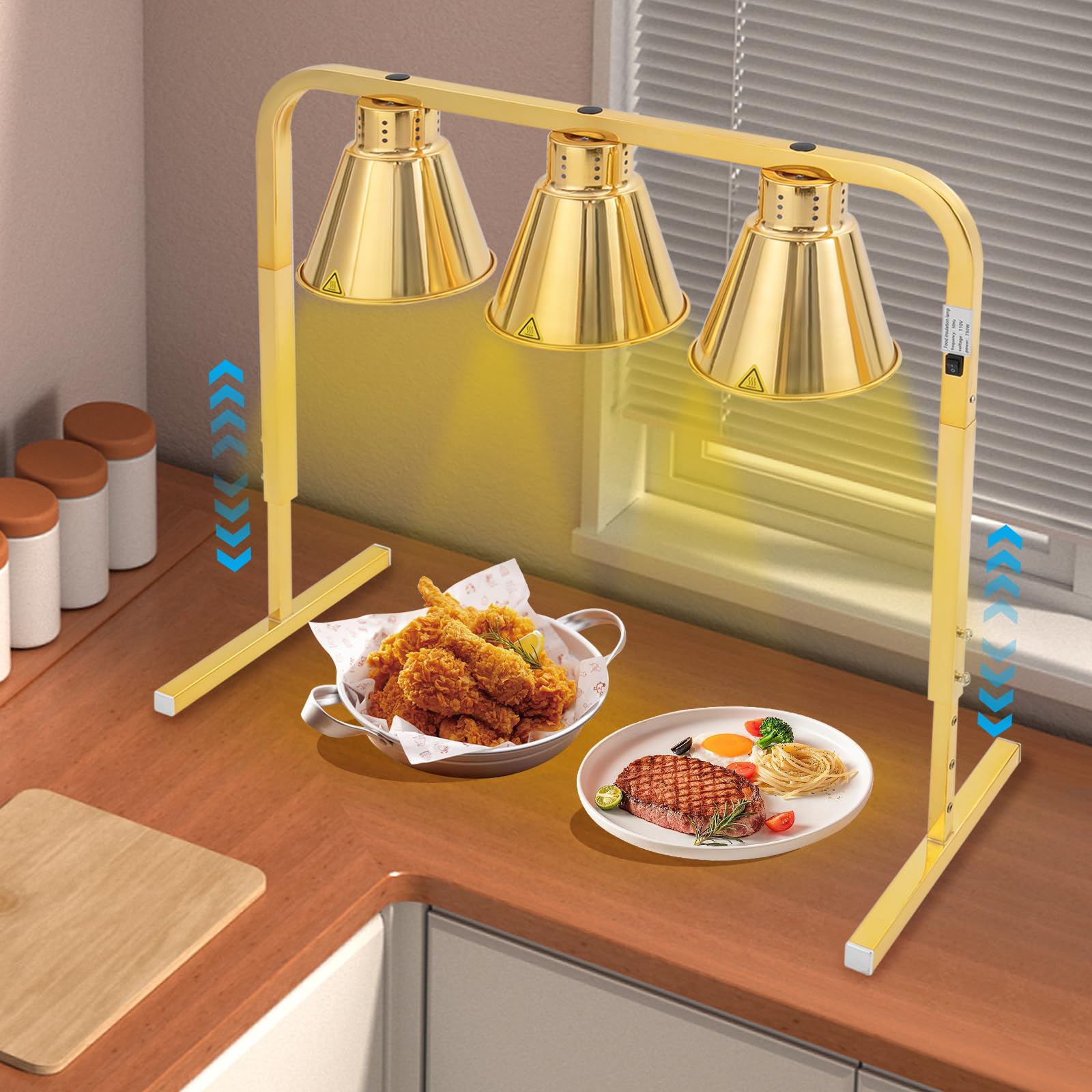 3-Head Food Warming Lamp, Food Warmer with 3 Heat Lamp Bulbs, Adjustable Height, for Commercial and Household Use (Gold)