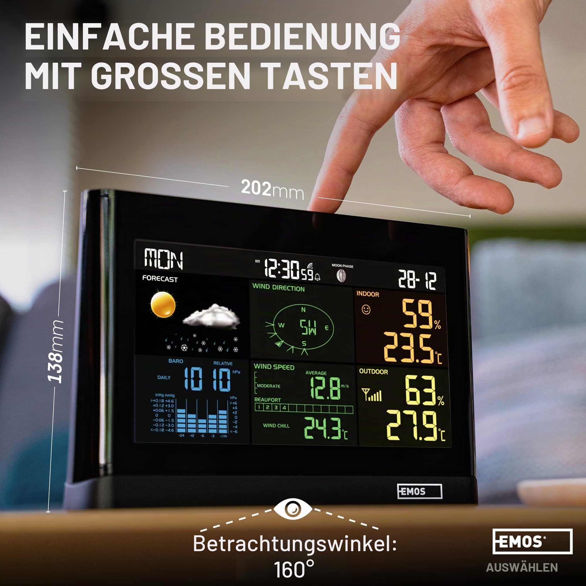 EMOS Wetterstation mit Windmesser und Regenmesser- System mit Farbdisplay, zur Wettervorhersage, für drinnen & draußen, Datum, Temperatur, Luftfeuchtigkeit, Luftdruck - 12-24 Stunden Vorhersage