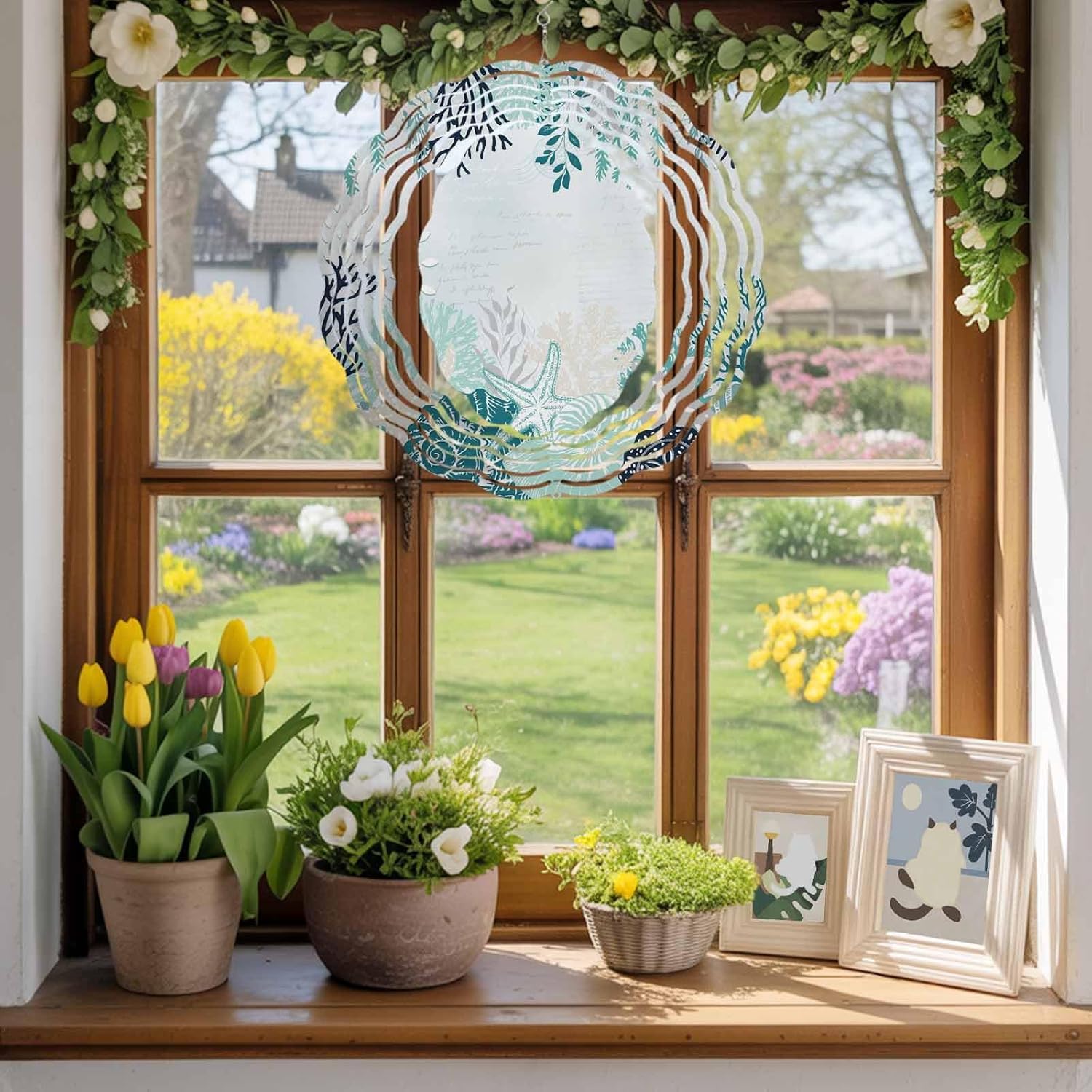 Turquoise Ocean Starfish Conch Wind Spinner for Garden Yard 3D Stainless Steel Hanging Wind Spinners, Summer Seaside Shell Spinners Outdoor Metal Decor for Lawn Patio Home