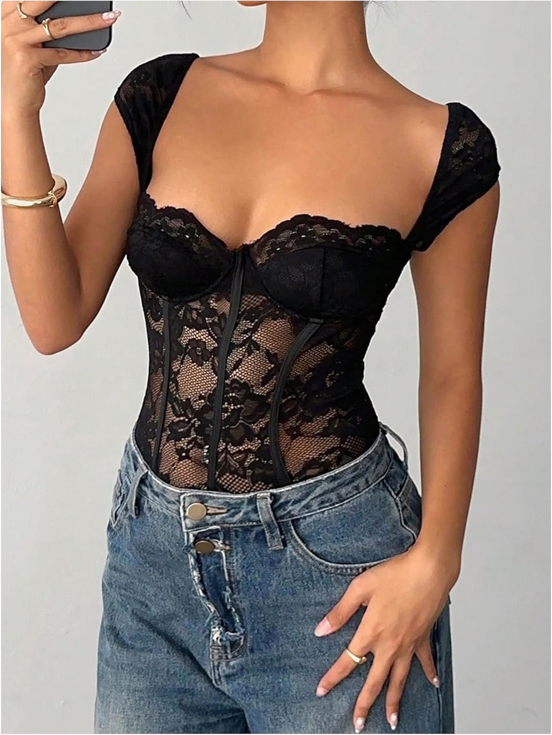 SOLY HUX Women's Lace Sheer Bodysuits Sweetheart Neck Slim Fitted Corset Leotard Tops - Image 4