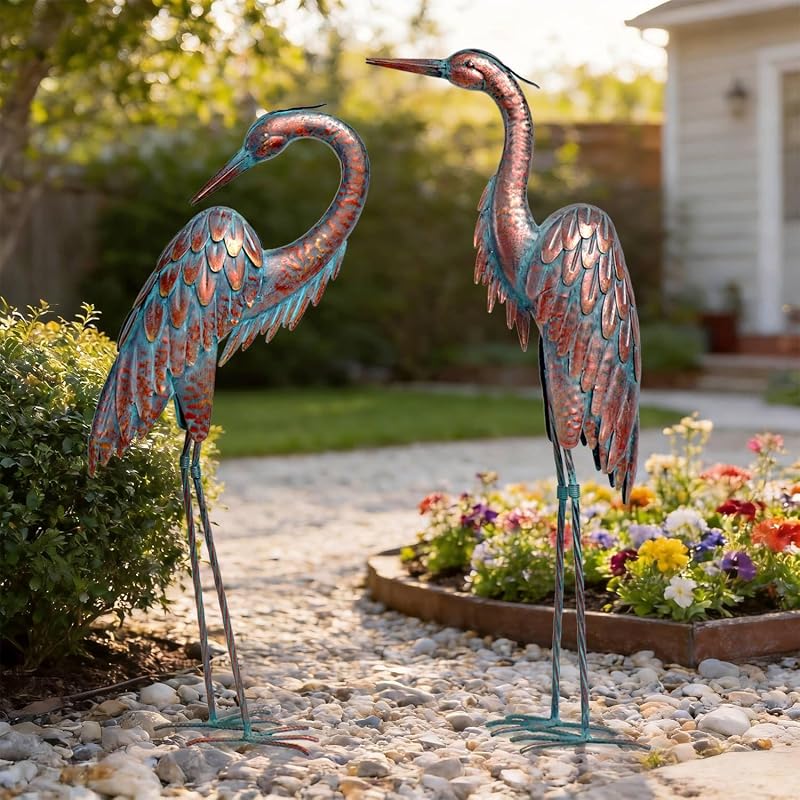 Outdoor Metal Heron Statues, Crane Sculptures for Garden Yard | Bronze 27.56" Tall, Set of 2 Heron Sculptures, Weatherproof, Patio Decor, Art