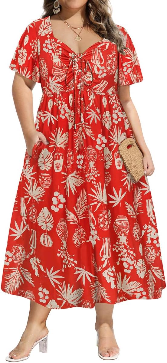 CARCOS Plus Size Dresses for Curvy Women Tie Sweetheart Neck Summer Maxi Dress Short Sleeve Empire Waist Floral Boho Dress