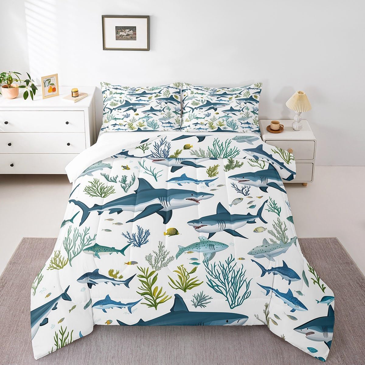 Feelyou Shark Comforter Set Full Size Fish Bedding Set Kids Boys Girls Ocean Creature Themed Comforter Sea Underwater World Quilt Set