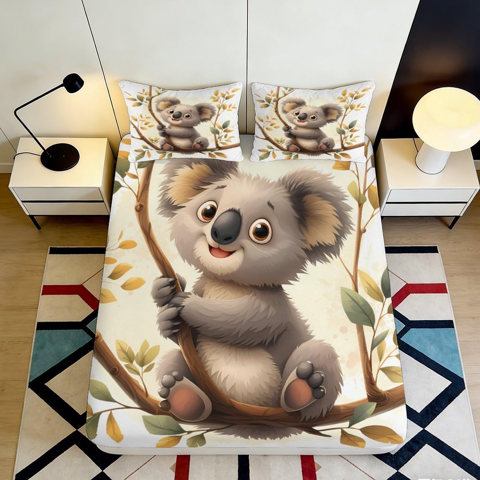 3D Printed Cartoon Koala Fitted Sheet Microfiber Soft Animal Branch Mattress Cover for Bedroom Dorm Home Decor Kids Adults 90x200x25cm