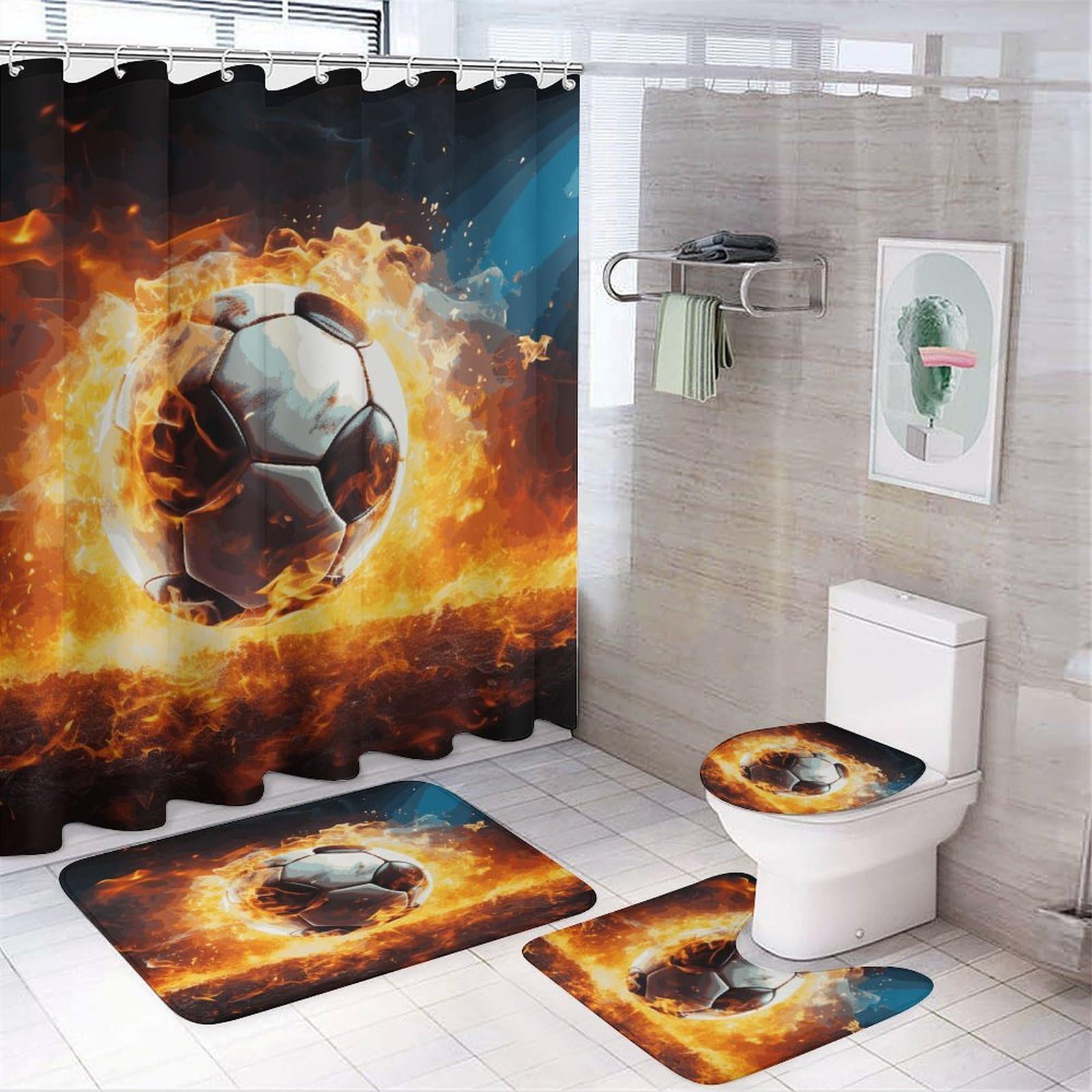 Rideau de douche football avec tapis antidérapant pour éviter les éclaboussures et les glissades