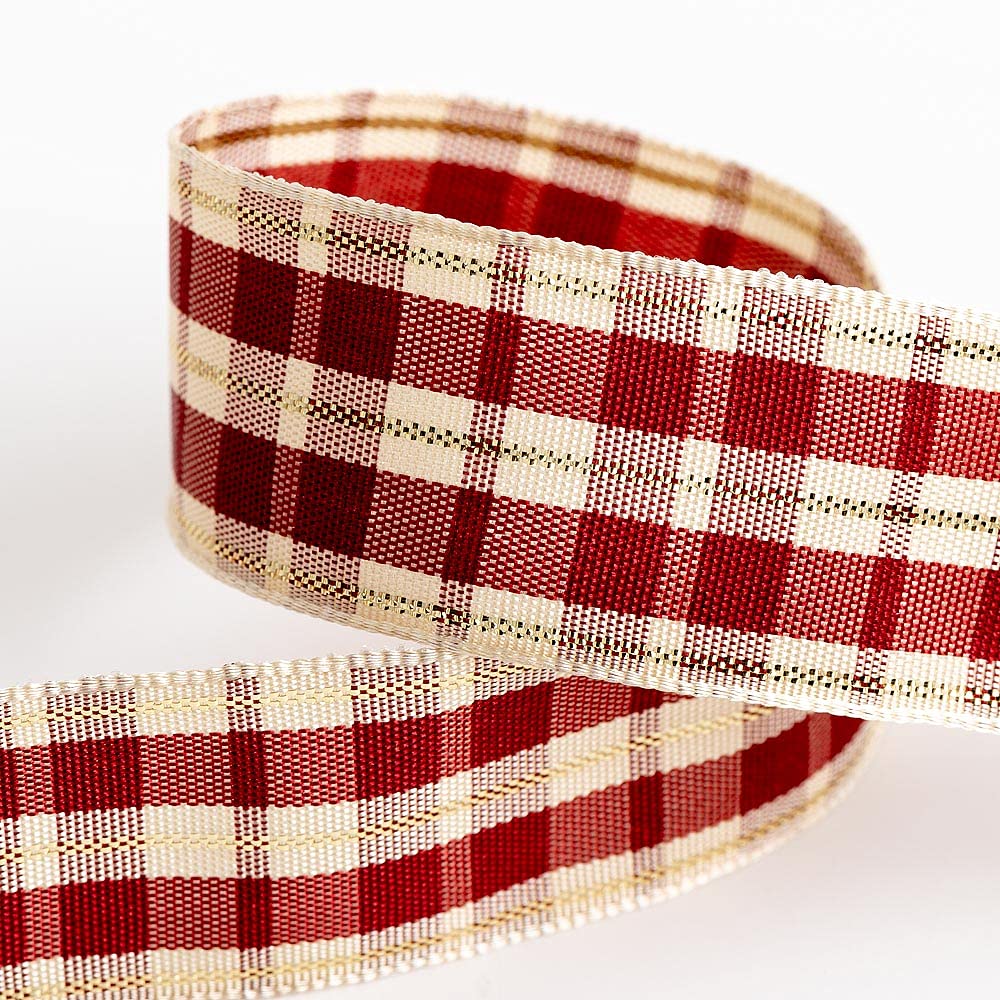 Italian Options Heritage Tartan Ribbon 25Mm X 10M - Cream/Burgundy/Red/Gold