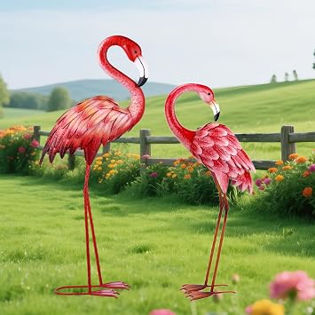 Shorayn Garden Statues Flamingo Sculptures Metal Yard Art, Pink Bird Art Outdoor Backyard Decor Patio Lawn Porch Ornament