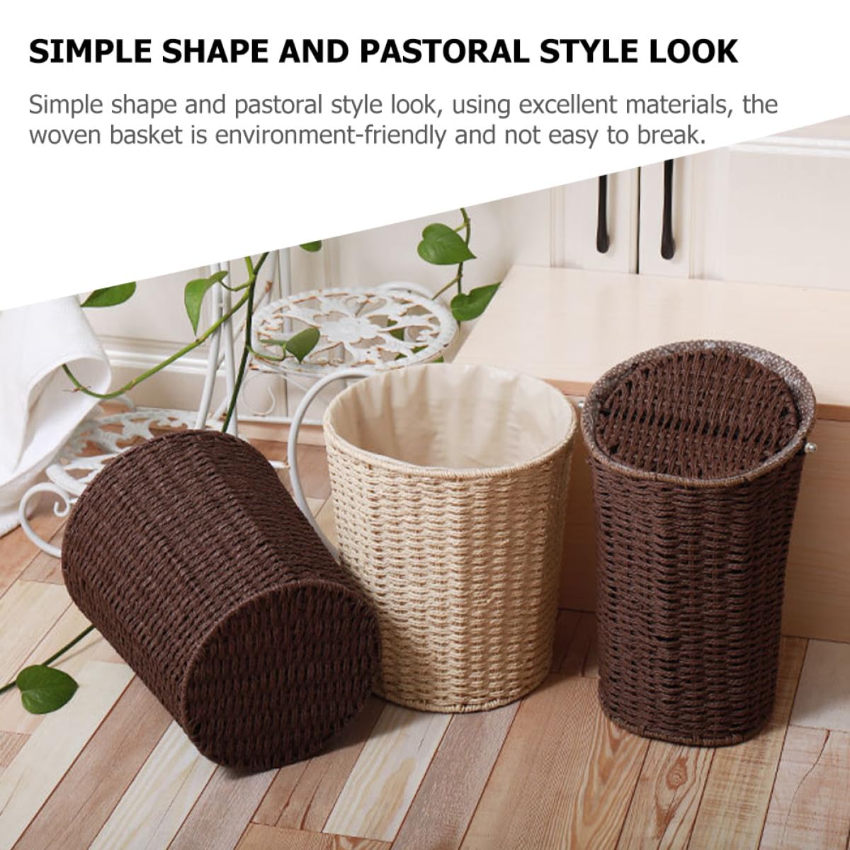 Rattan Trash Can Woven Storage Basket with Liner Beige Sturdy Litter Bin for Kitchen Bedroom Living Room Home Organization Random Style