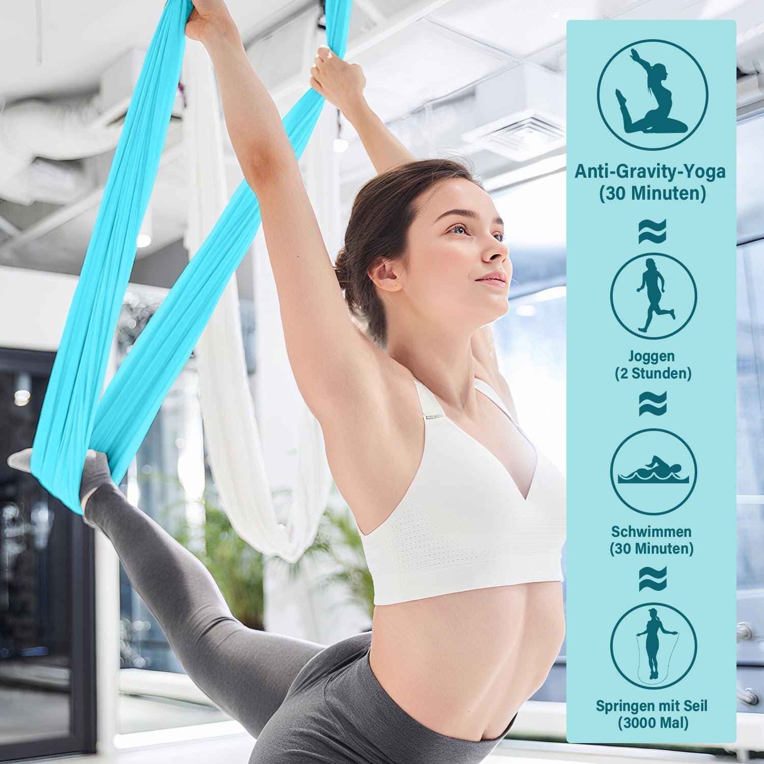 Toalla de yoga profesional – 500 x 200 cm, paño transpirable para yoga en el aire, yoga, swing de yoga, antideslizante, alta capacidad de carga (hasta 300 kg), incluye mosquetón y bolsa de