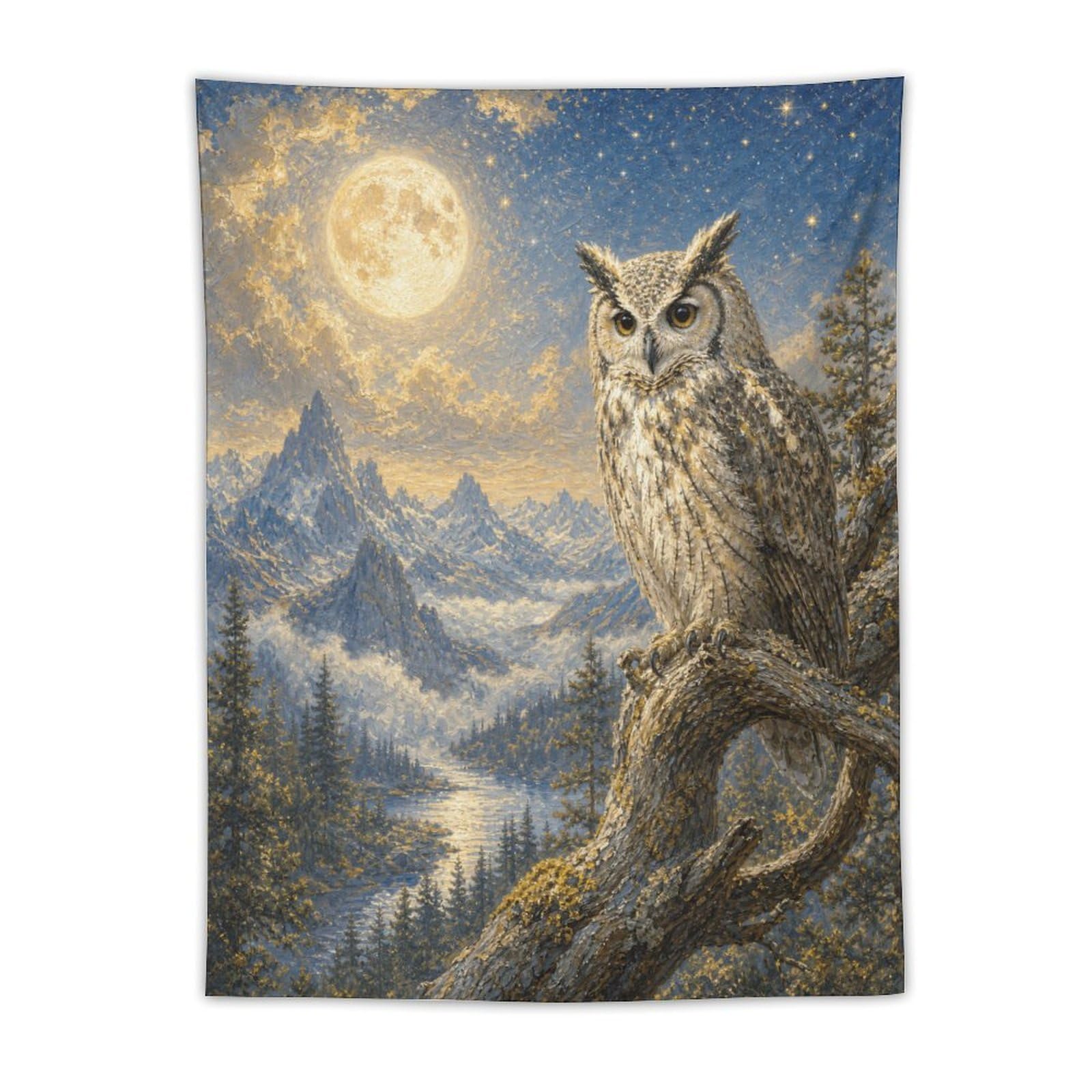 W7C8U2X3 Snowy Owl under Moon Wall Tapestry, Surrealist, Moonlit Stage