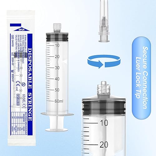 Miniatura 3 de Jeringa Luer Lock de 60 ml para Líquidos, Jeringa con Tapa, Paquete de 10 Unidades Envueltas Individualmente