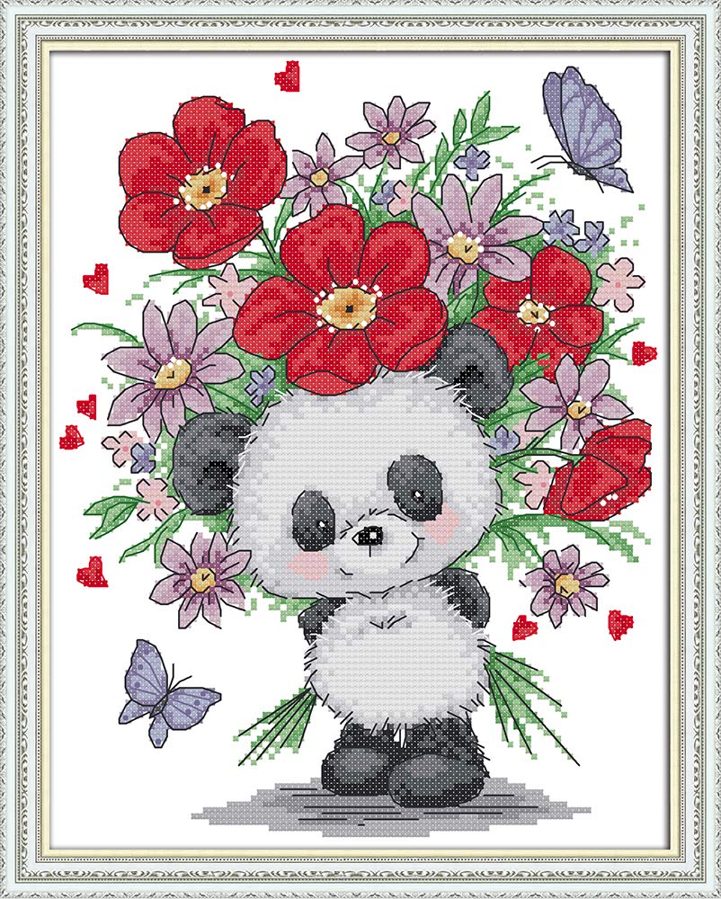 Funcrostitch Counted Cross Stitch Kits for Beginners,14ct Unprinted Pattern Embroidery Kit Dmc Cotton Threads Needleworks for Adults-Bear Giving Flowers 10.2"×12.6"