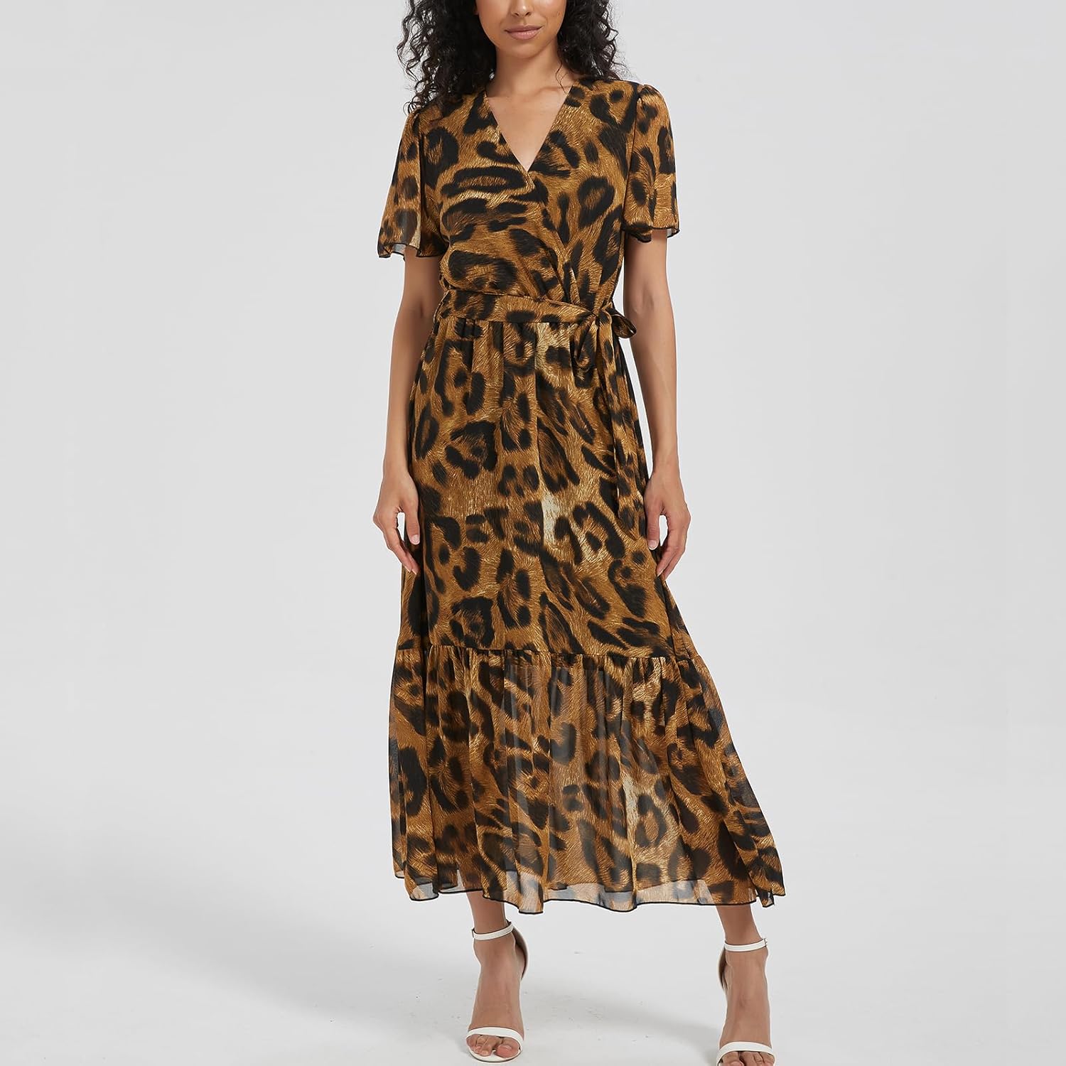 Women's Summer Bohemian Floral Chiffon Dress Cap Sleeve V Neck Ruffle Long Flowy Boho Casual Vacation Dresses - Image 3