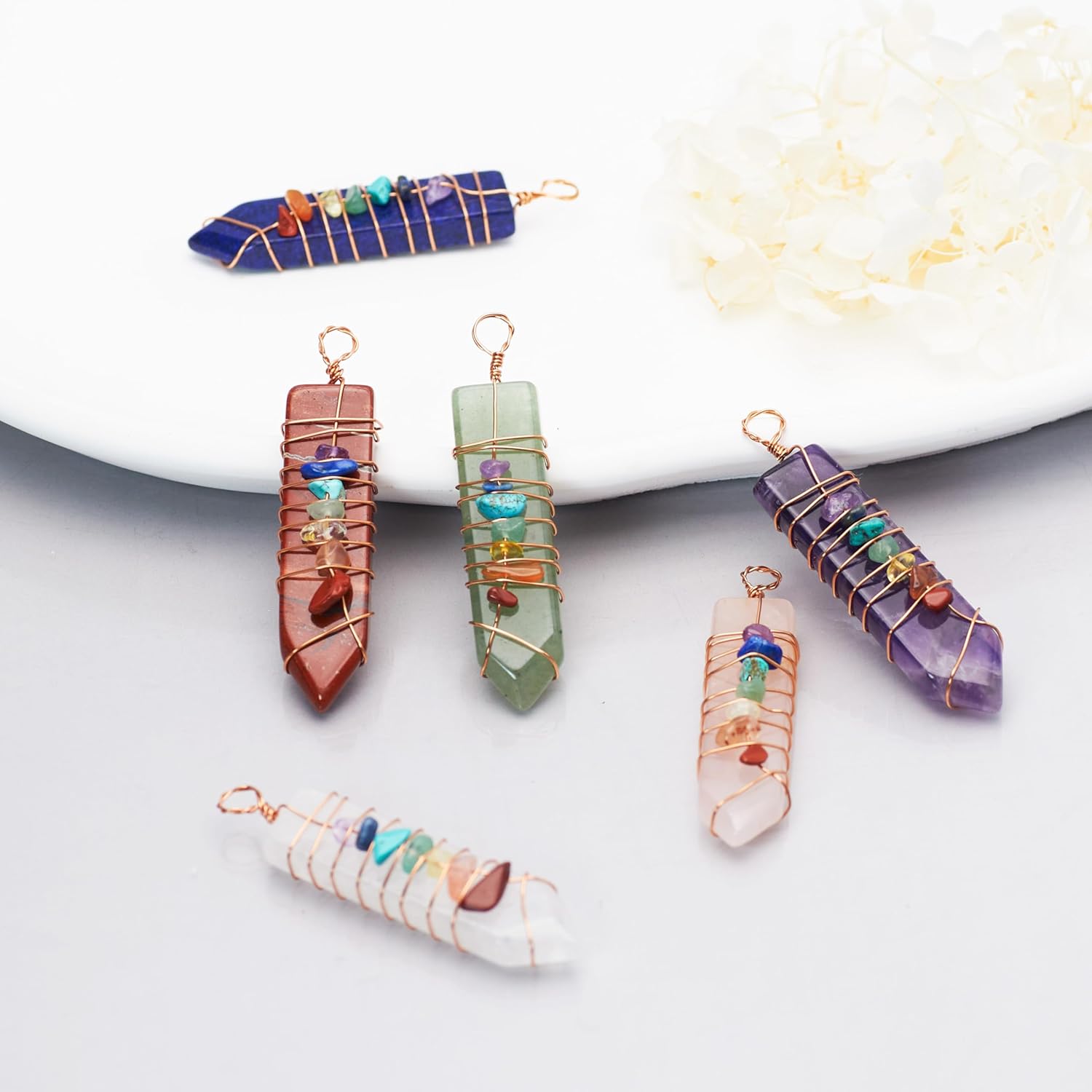 6 Pieces Natural Raw Crystal Point Pendant Reiki 7 Chakra Healing Quartz Gemstone Chips Rose Gold Copper Wires Wrapped Charms for Jewelry Making Necklace - Image 4