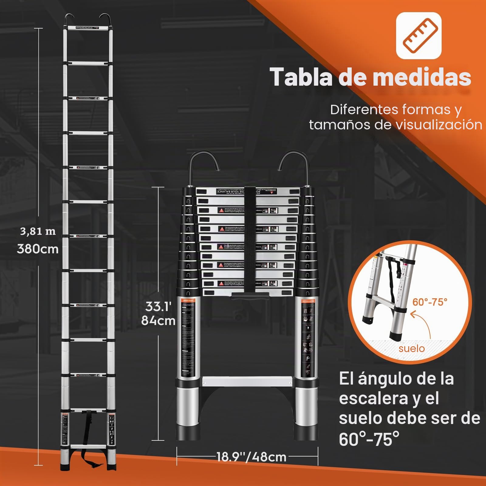 Escalera telescópica de 3.8 m con Ganchos y pies Antideslizantes, Escalera Plegable de Aluminio Ligero para altillos, Casas rodantes, Exteriores e Interiores, Capacidad de Carga de 150kg.Argentato