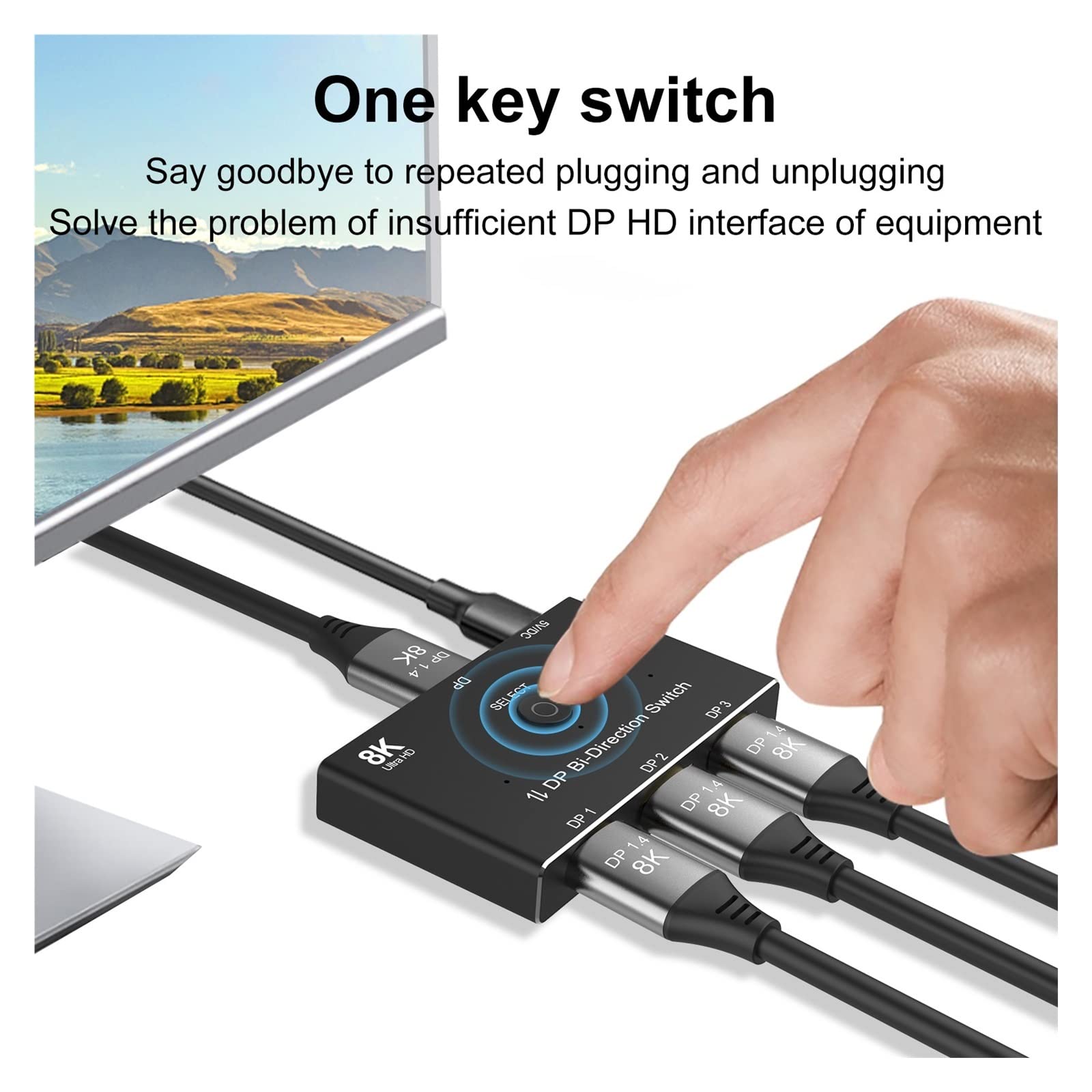 Switch 3 Port DP 1.4 Switcher Box Bi-Direction 1X3 lub 3x1 32,4 gb/s 8K @ 60Hz 4K @ 144Hz HDR dla Display Port monitor do komputera do laptopa, telewizora, projektora
